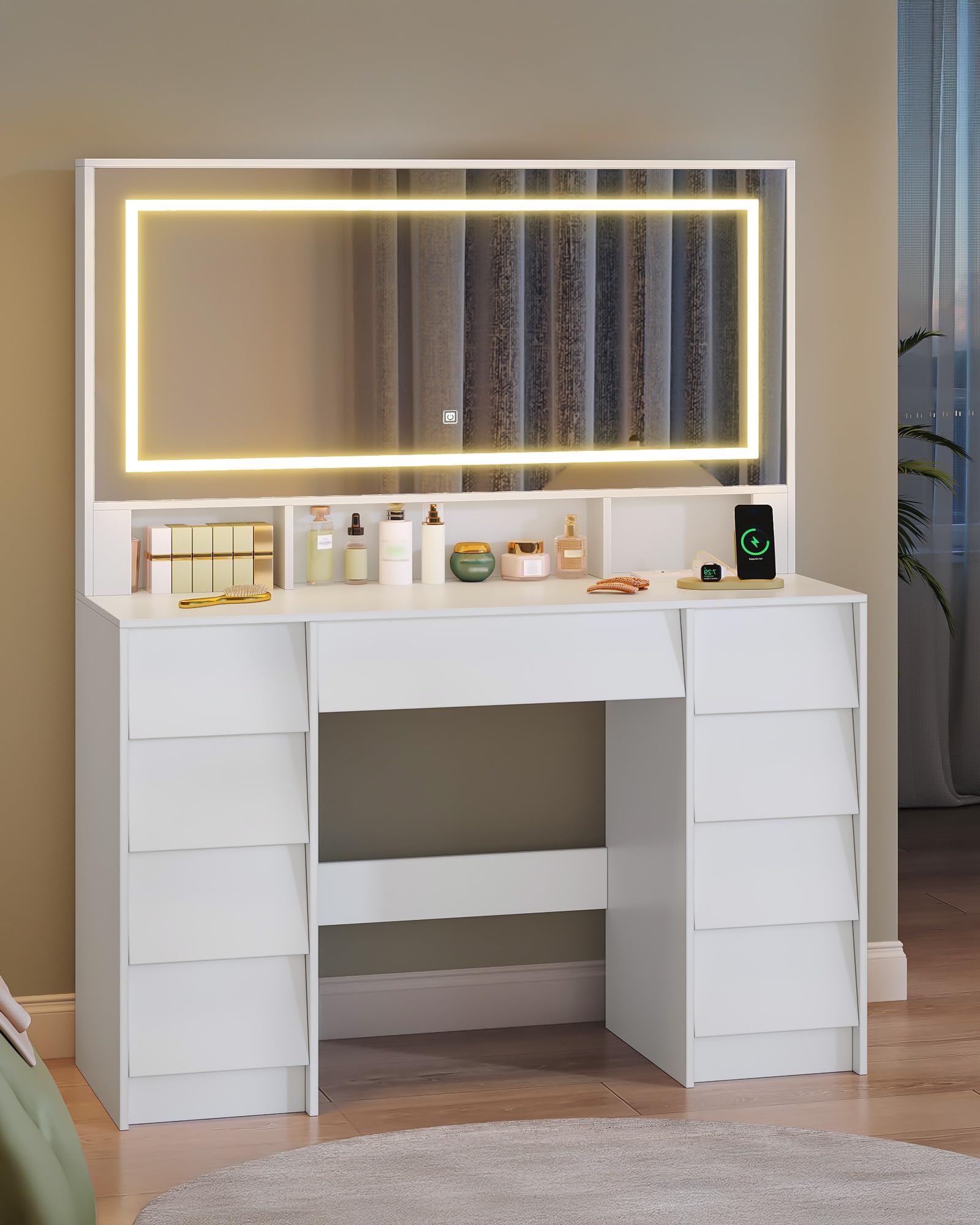 Hzuaneri Große Schminktisch mit LED-Beleuchtung und Steckdosen, Schminktisch mit Große Spiegel, Schminktische mit 9 Schubladen und 3 Offenen Fächern, Schlafzimmer, Modern, Weiß 1180303XEU