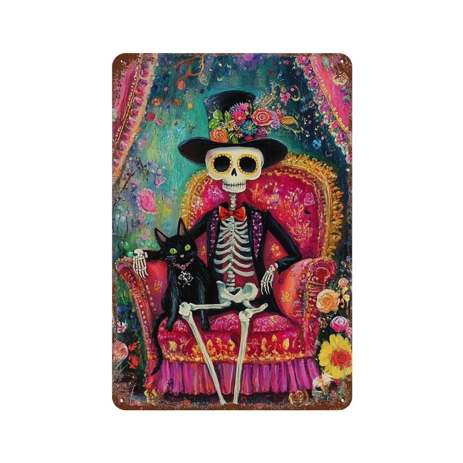 Day of The Dead Skeleton Art Print-3 Retro Metal Sign 11.8"x7.9", Industrial Home Decor for Garage, Pub Or Kitchen