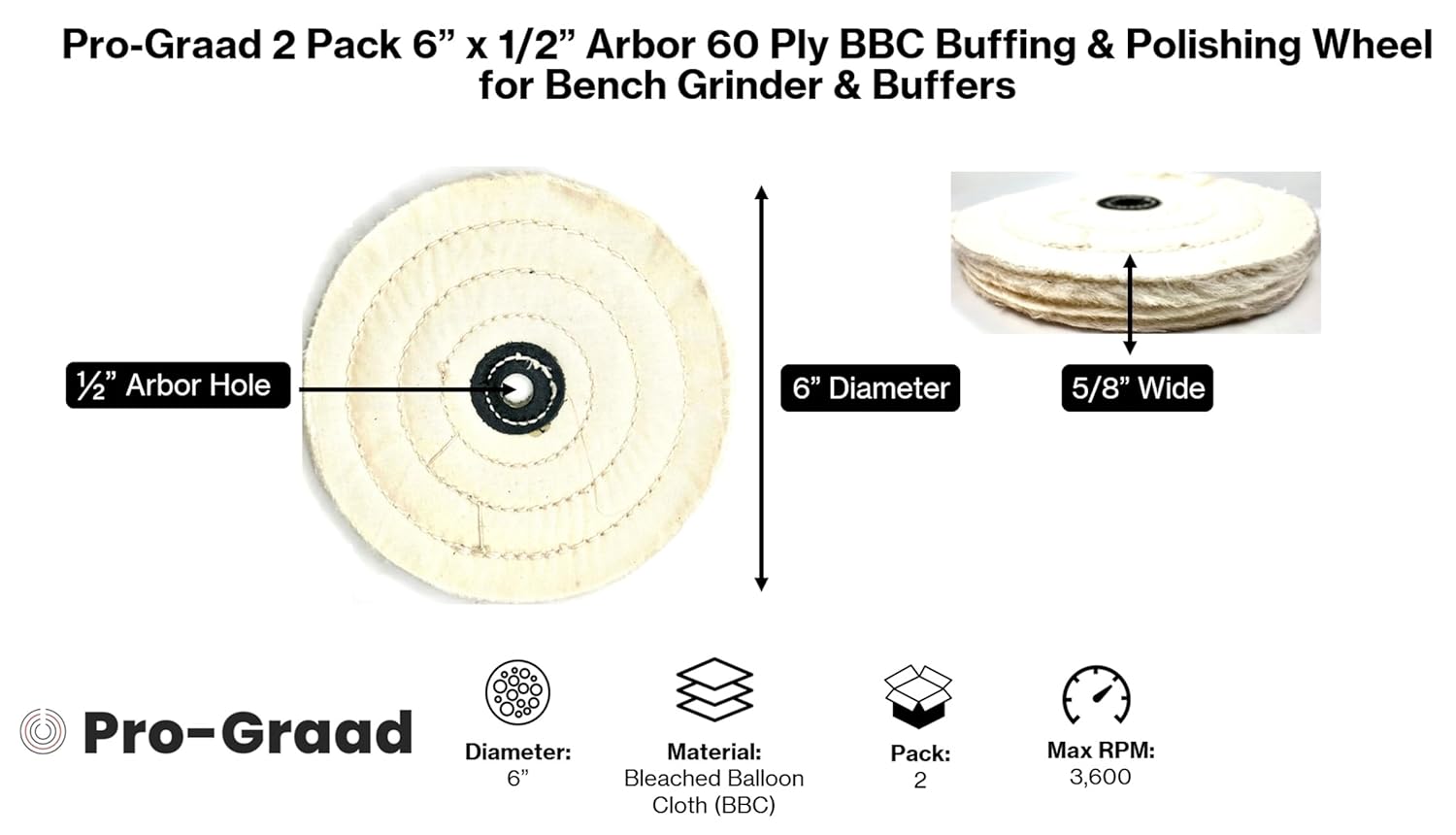 2 Pack 6” BBC Buffing Wheel, 60 Ply, Bleached Balloon Cloth 133x72 Thread Count, 1/2” Arbor Hole for Bench Motor, Silky & Ultra Smooth Buffing & Polishing Wheel for Final Finish with Rouge