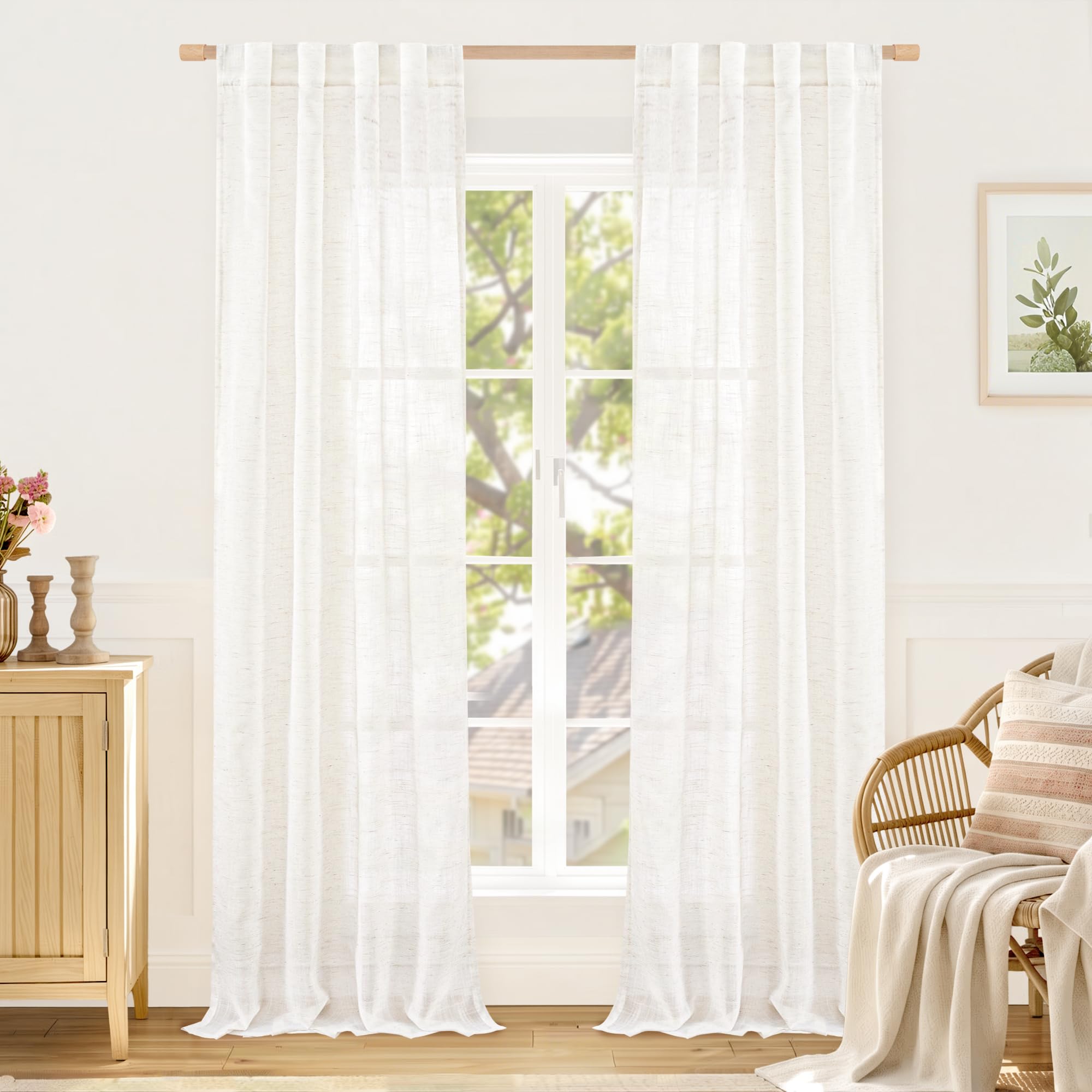 LAMIT Natural Linen Semi Sheer Curtains 84 Inches Long 2 Panels, Living Room Linen Textured Light Filtering Drapes Back Tab and Rod Pocket Neutral Window Panels for Bedroom/Sliding Door, 52 x 84 Inch — view 59