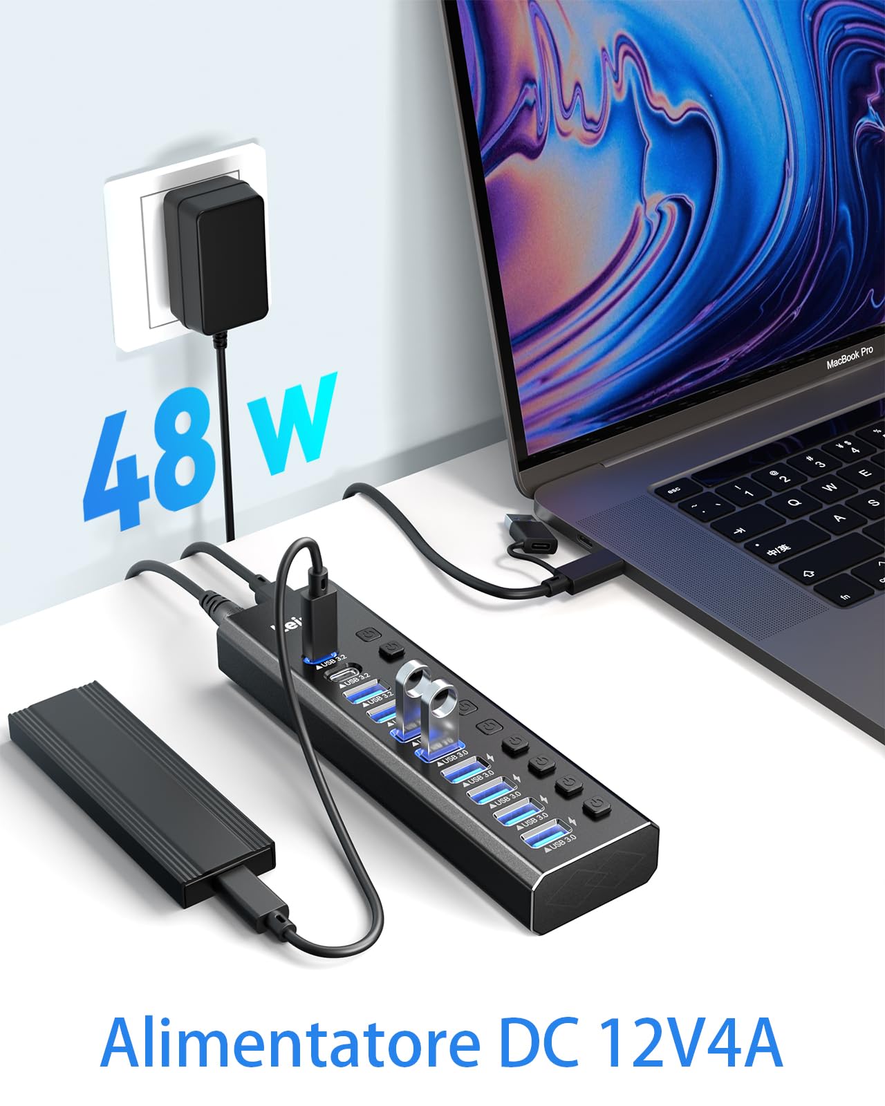 LEINSIS - Hub USB 3.2 a 10 porte USB 3.2/USB C Hub (10 Gbps USB-A 3.2 +2 USB-C 3.2 + 7 porte USB 3.0) con interruttori di accensione/spegnimento individuali e adattatore di alimentazione da 12 V, Hub