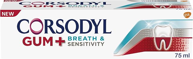 Corsodyl Gum & Breath Sensitivity Toothpaste for Sensitive Teeth, Neutralise Bad Breath, Aids Plaque Removal, 75ml
