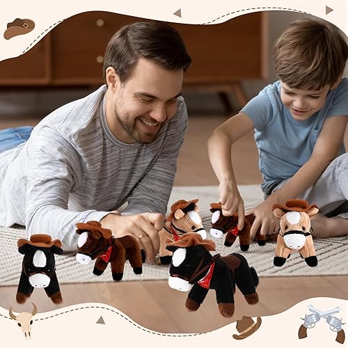 Miniatura 4 de Paquete de 9 animales de peluche de 4 pulgadas, mini juguete de peluche de pie con sombrero de vaquero y bandana, cadena desmontable para temática