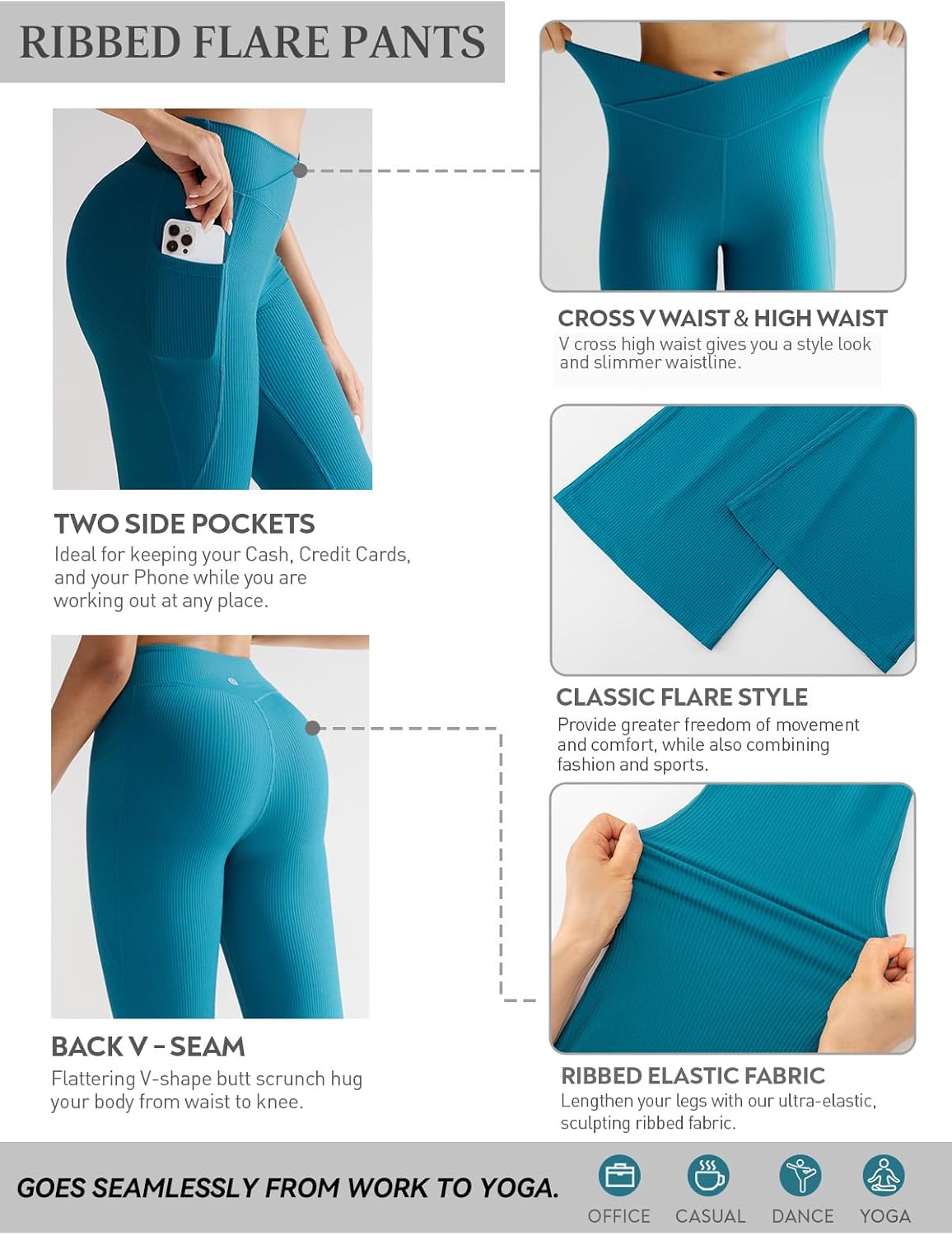 RUNNING GIRL Womens Ribbed V Crossover High Waist Yoga Pants Flare Leggings for Women with Side Pockets