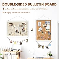 Vista 2 de Tablón de anuncios de corcho doble cara grande con lino, tablero de 24 x 18 pulgadas con marco de madera para colgar, tablero de visión