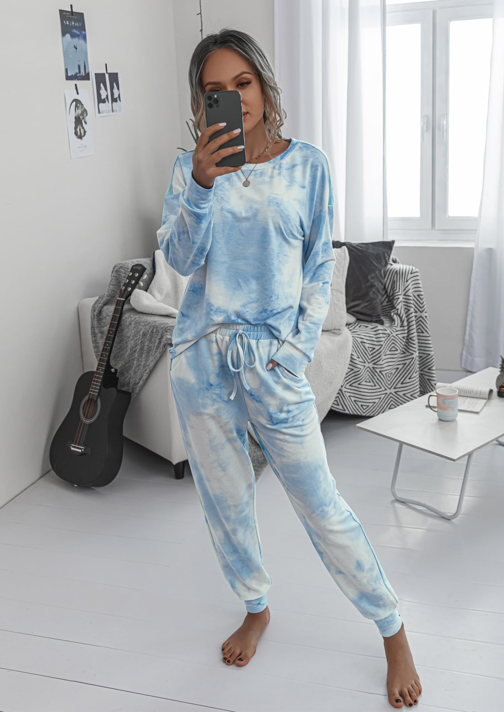 PRETTYGARDEN Women's Two Piece Loungewear Fall Casual Long Sleeve Tops Jogger Pants Pajama Sets Matching Outfits Clothing: Blue X-Large