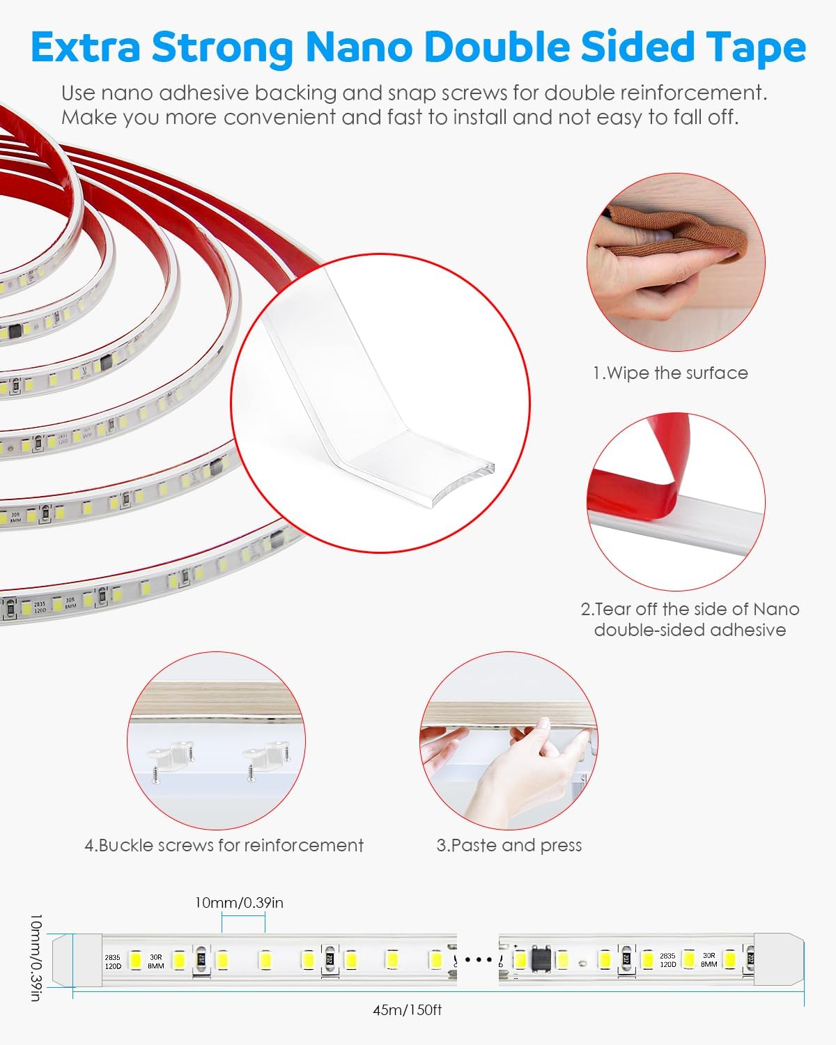 Aclorol 45M Outdoor Led Strip Lights Waterproof 150FT AC 110V-130V Flexible LED Rope Lights Outdoor Cool White 6000K Cuttable LED Lights String for Garden Patio Indoor Decorative Lighting 120LEDs/M