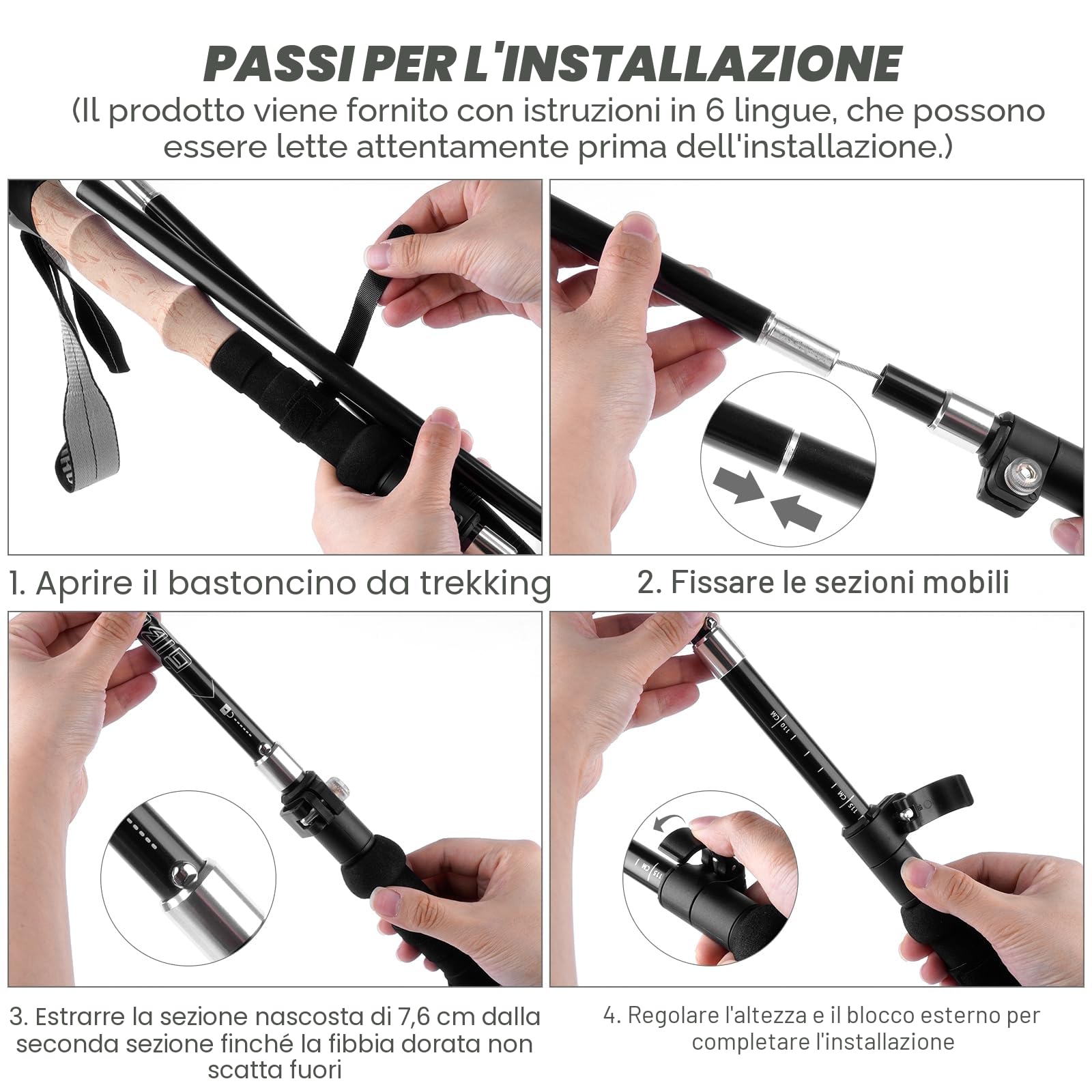 GIBOHOM Bastoncini Trekking Alluminio, 2 Pezzi Nordic Bastoni Trekking 105-125 CM Pieghevoli, Antiurto, Racchette Trekking con 4 Paia di Cuscinetto in Gomma, Borsa per Montagna Escursioni Neve, Unisex