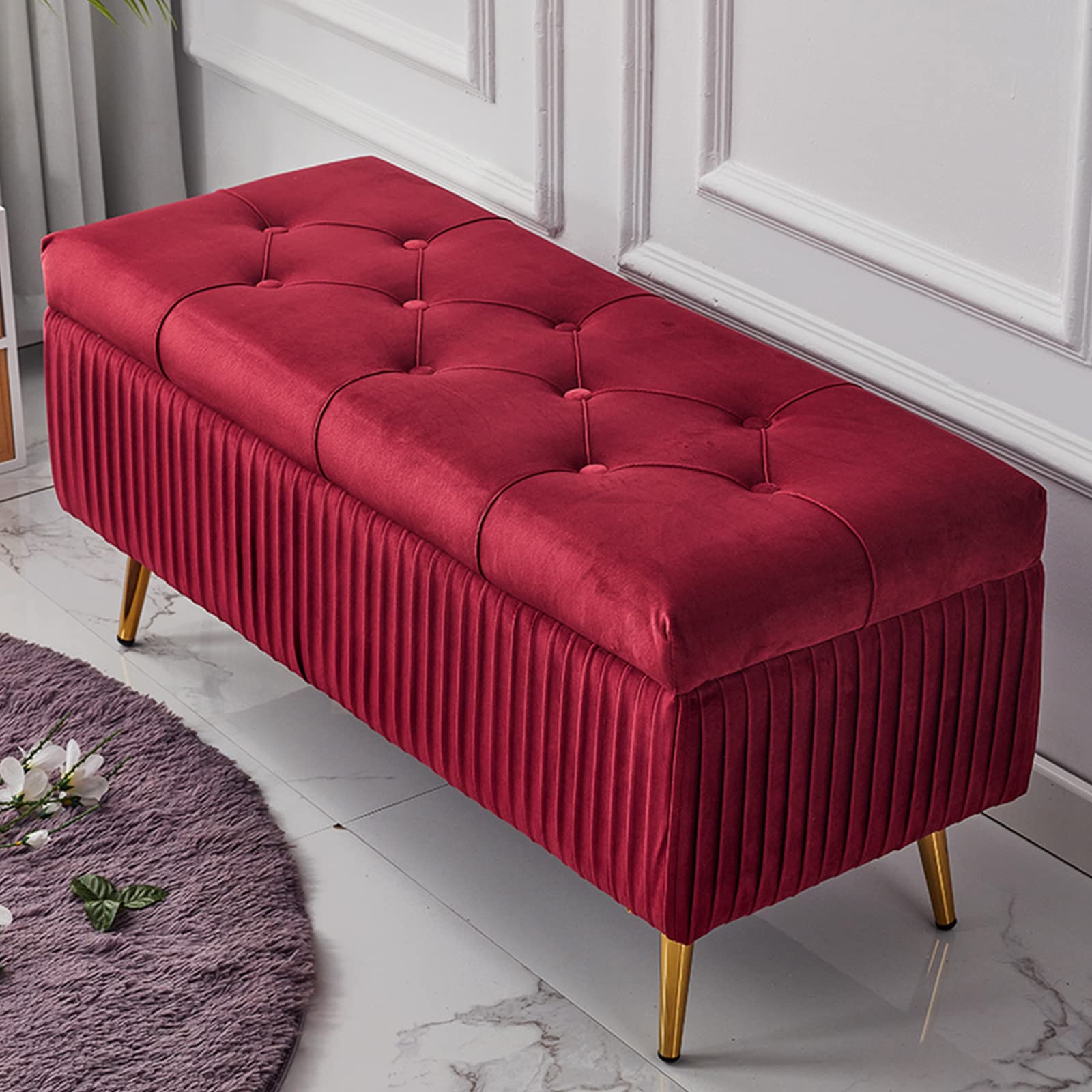Pouf capitonné bordeaux 100cm en velours et pieds dorés