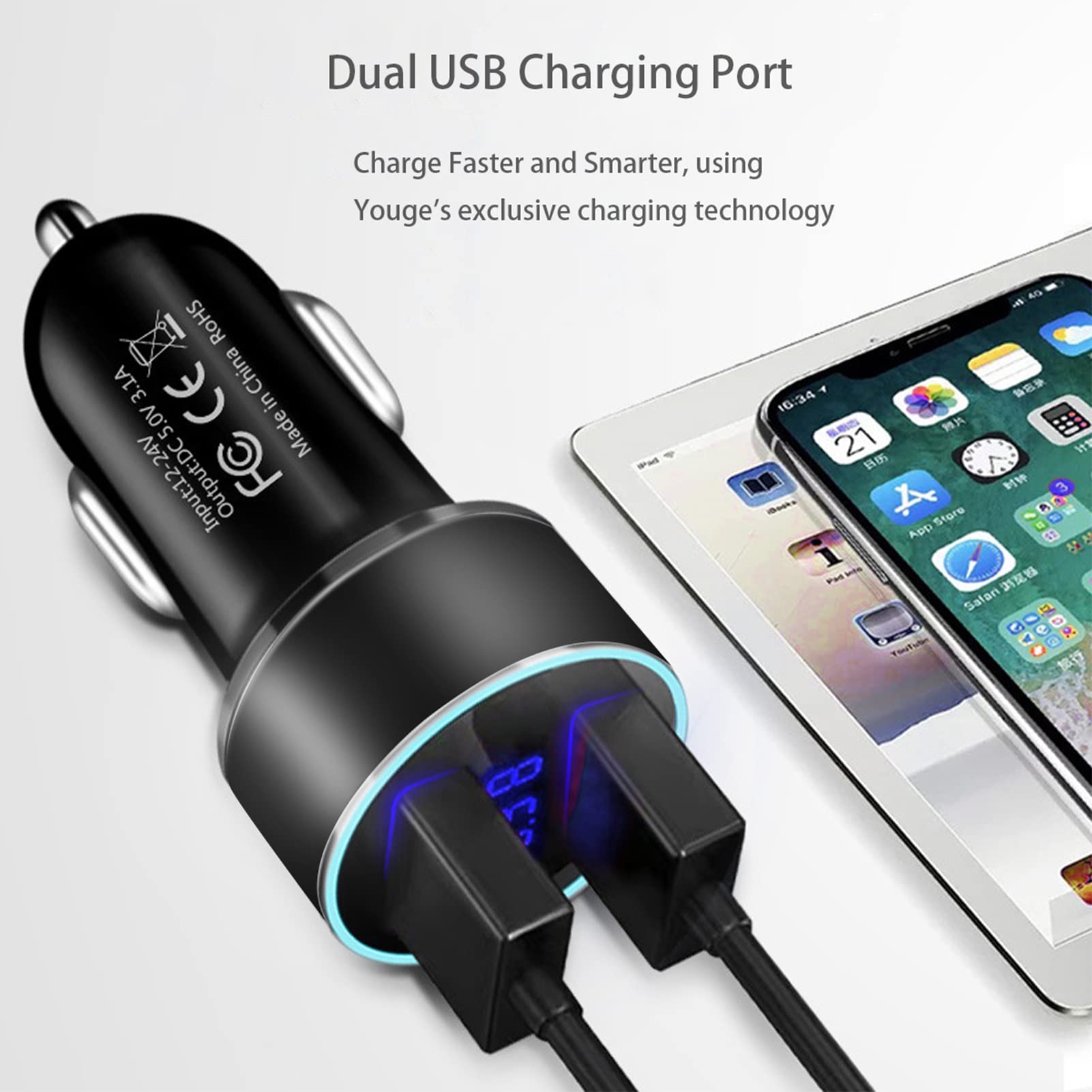 Autolader, USB Quick Charge 3.0, USB-oplader, 2 poorten, QC 3.0/3.1 A, USB-bus voor sigarettenaansteker, USB-aansluiting, auto-accessoires voor smarpthpone/tablet, USB C autolader voor iOS/Android