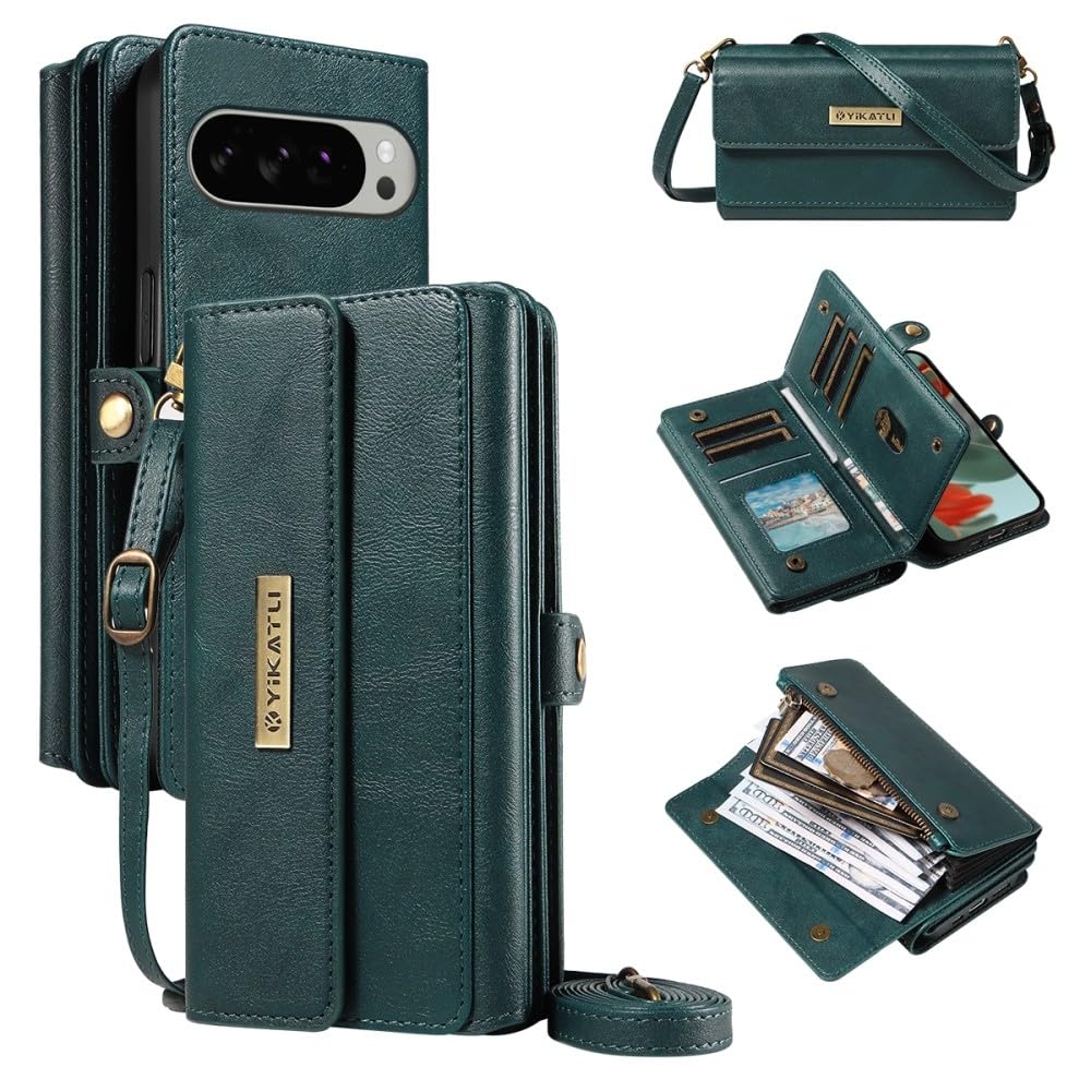Generic Compatible con Google Pixel 10 PRO 5G (color verde oscuro) Funda tipo cartera de piel con cremallera magnética con correa para el hombro