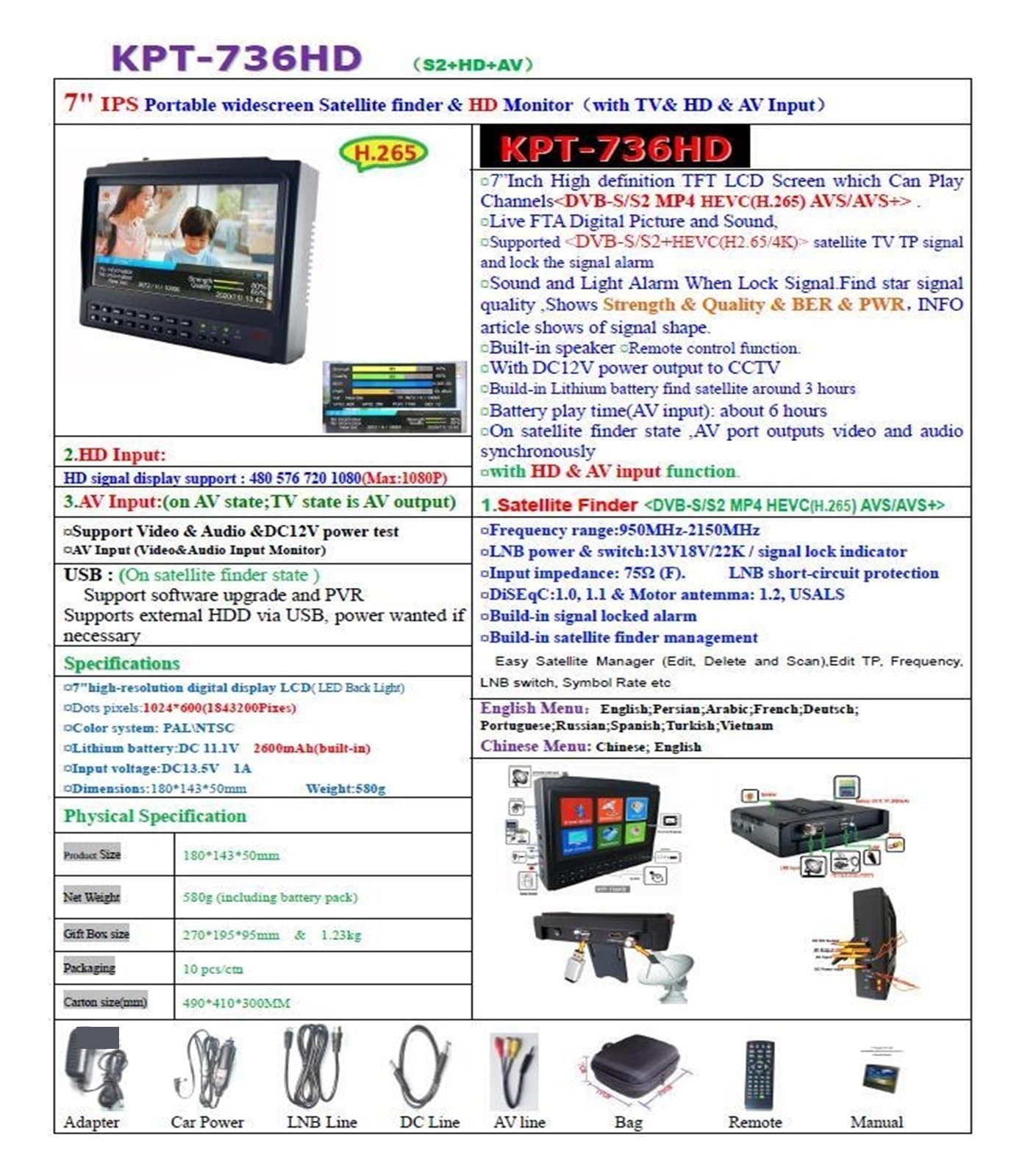 KPT-736HD DVB-S2 SatelliteFinder Full HD Digital Satellite TV Receptor Finder Meter MPEG-4 + HEVC H2.65 Decodificador del Receptor