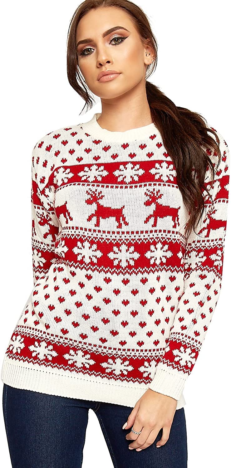 Wearall Women's Snowflake Cream Knitted Merry Christmas Long Sleeve Xmas Tree Pom Jumper 16-18