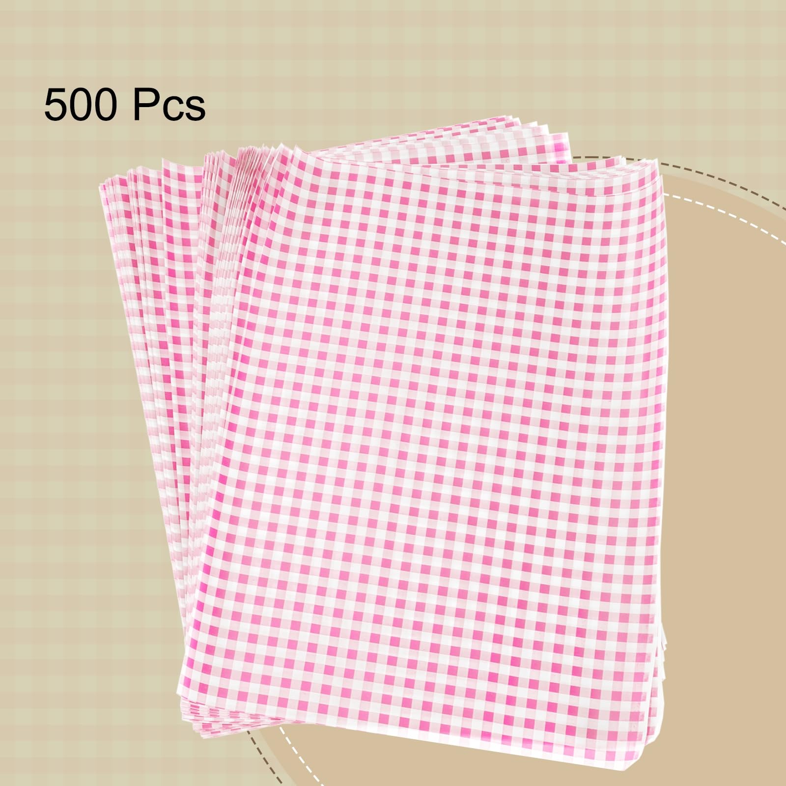QUARKZMAN 500Pcs Papier Sulfurisé Feuilles de Papier Ciré à Carreaux Carrés 38cm x 28cm Papier Emballage Alimentaire Absorbant Huile pour Aliments Secs, Sandwichs, Pain, Hamburgers, Rose