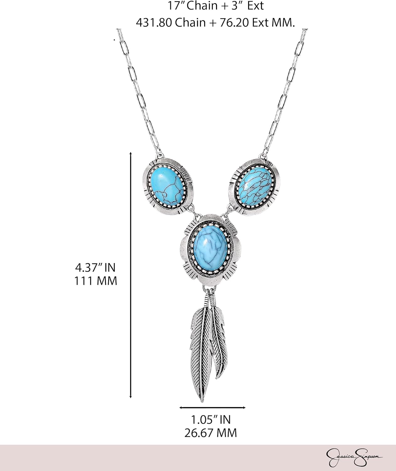 Jessica Simpson Feathers and Turquoise Necklace for Women 17"+3", Oxidized Silver-Plated Western Necklace for Women - Image 4