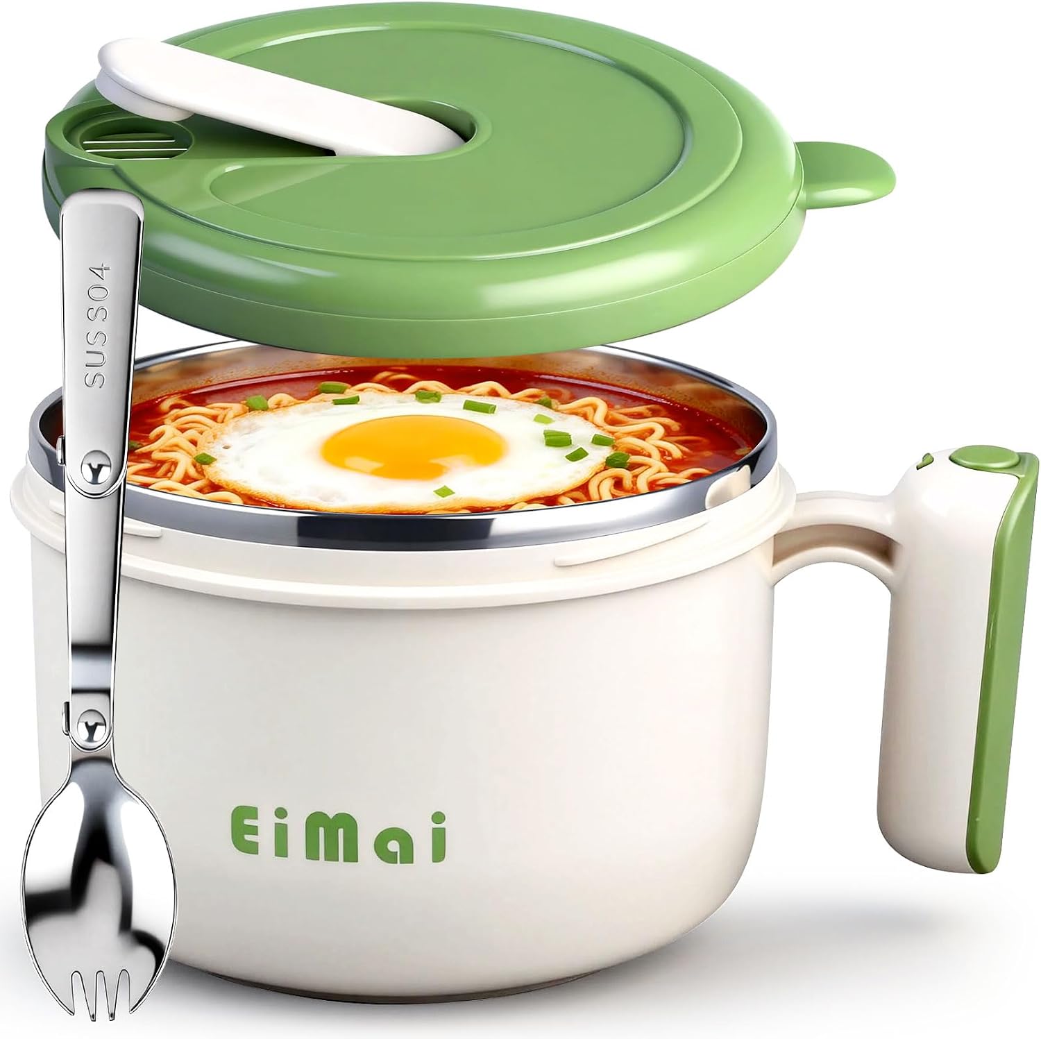 43oz Ramen Bowl with Handle & Lid, 304 Stainless Steel Liner Bowl with Fork, Noodle Bowl with Air Holes, Round Noodles Soup Mug, Salad Box for Home Office College
