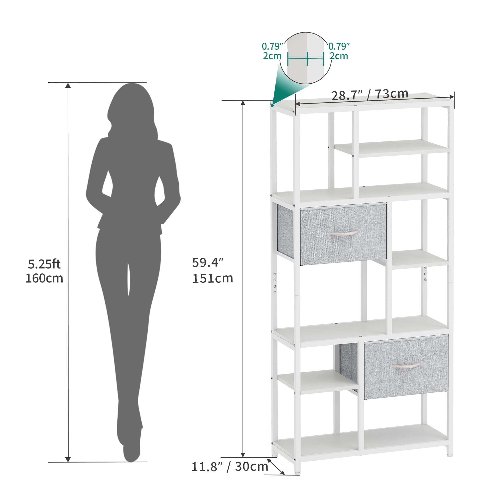 YITAHOME Estantería para Libros con 7 estantes con cajones de Piso a Techo, estantería Industrial, estantería de Acero, Adecuada para Sala de Estar, Oficina, Estudio, Pasillo, Cocina, Blanco