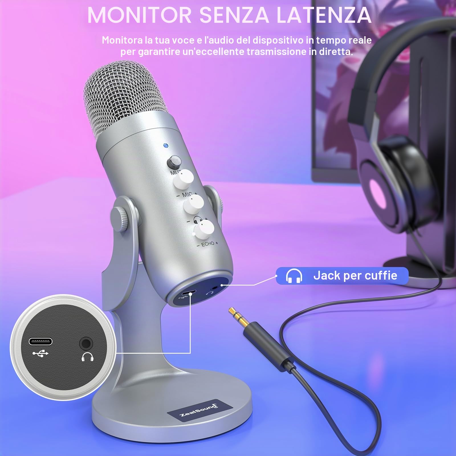 zealsound Microfono USB k66 Argento Podcast Microfono per PC Cellulare PS4&5, con Cancelling/Mute/Echo/Volume Knof, per gaming, registrazioni, streaming, Youtuber, compatibile con Mac, Winows