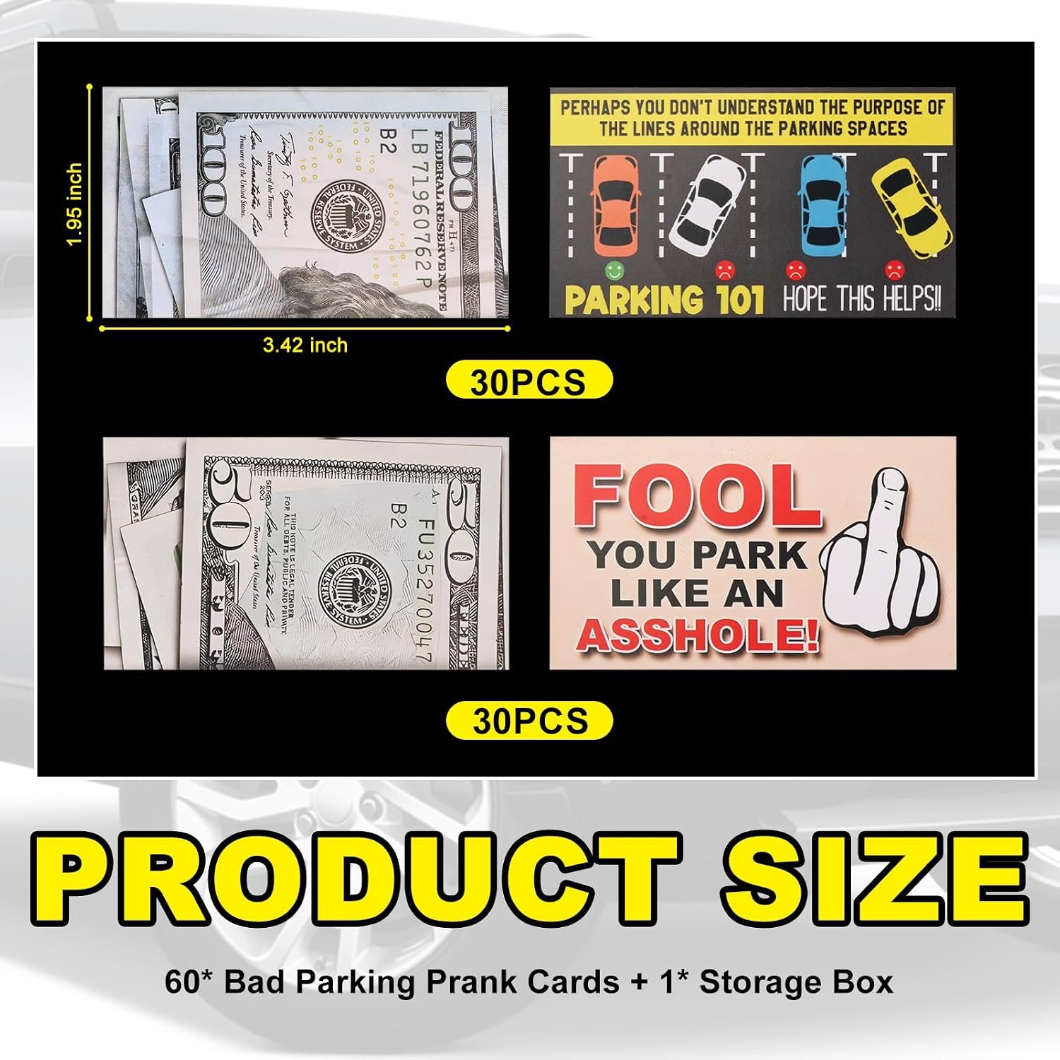 60PCS Car Bad Parking Cards,Realistic Bad Parking Stickers with Funny Messages Fit Pranks for Adults,You Parked Like an Assholé Cards for Under Wiper/Car Windows