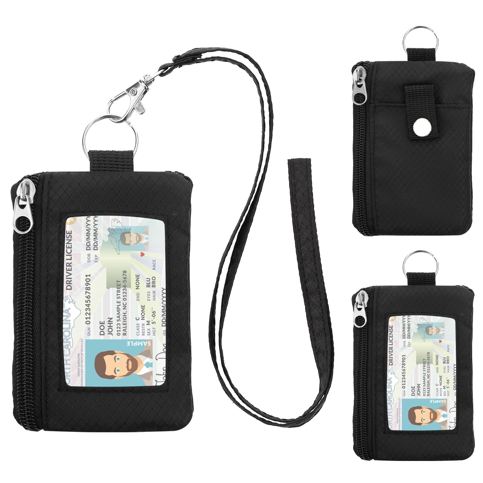 ZHOMA Minimalist RFID Wallet with Lanyard, Multi-Functional ID Case with 2 Zipper Pockets and Key Chain for Men and Women, Tactical Badge Pouch Cards Holder, Coin Purse for Travel Sports-Black