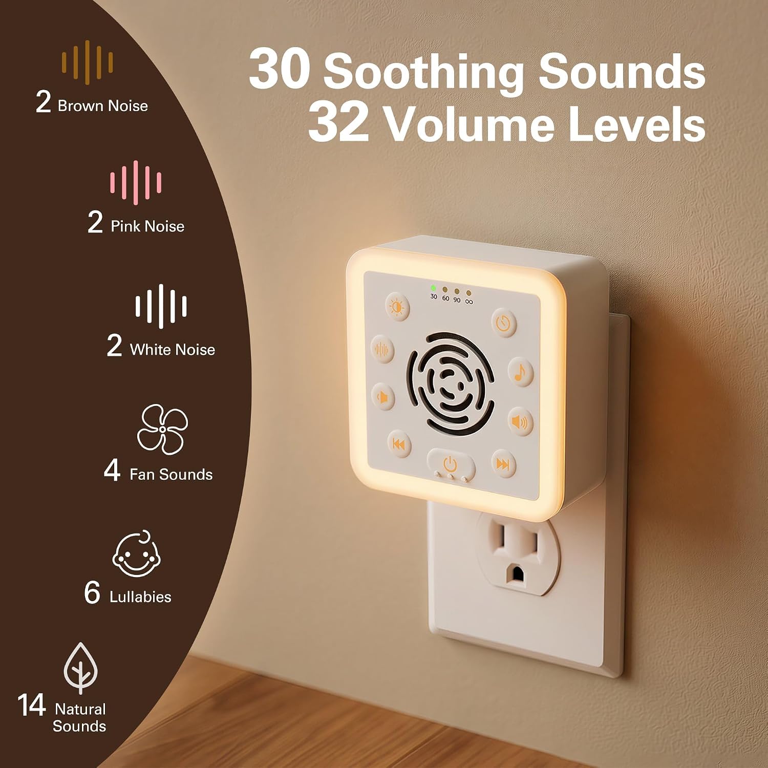 Zarler Wall Plug in White Noise Machine for Privacy & Focus, Noise Masking Sound Machine for Sleep, Travel-Friendly Sound Machine with Night Light, 32 Volume Controls, 30 Soothing Sounds