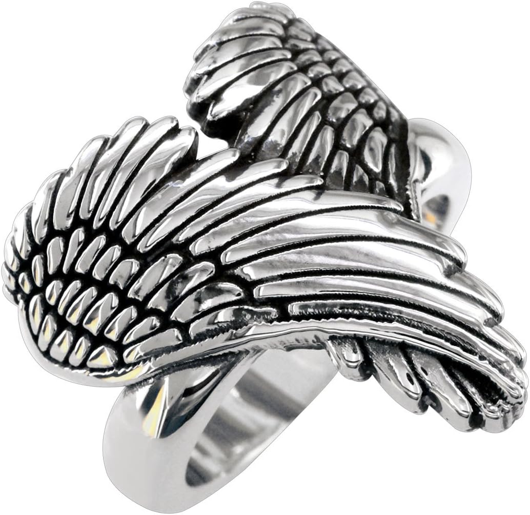 SZIRO Large Wings of Love with Black, Winged Love, Angel Heart Wings Ring, 22mm in 14K White Gold