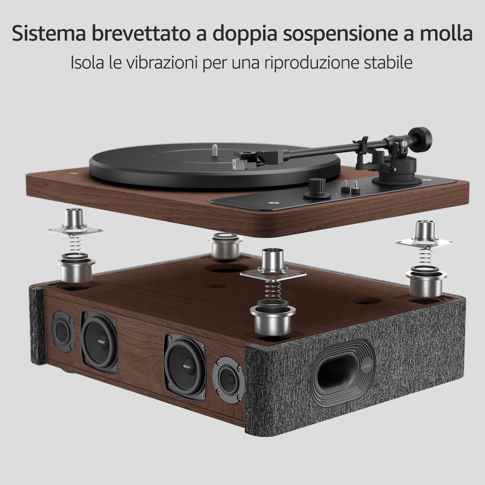 STACK STONE x Jamo Giradischi Vinile Vintage Bluetooth, Giradischi con Altoparlanti, Sistema Antivibrazione, Cartuccia Magnetica AT3600L, Hi-Fi, 33/45 RPM