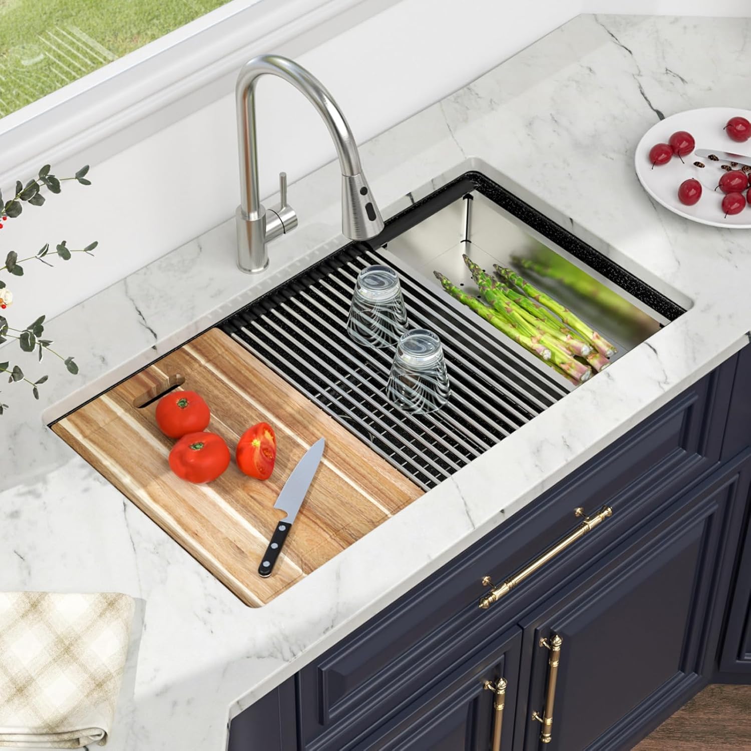 Kichae 32 Granite Composite Kitchen Sink - 32"x19" Granite Kitchen Sink Ledge Workstation Undermount Black Quartz 10" Deep Under Counter Single Bowl Sink Basin