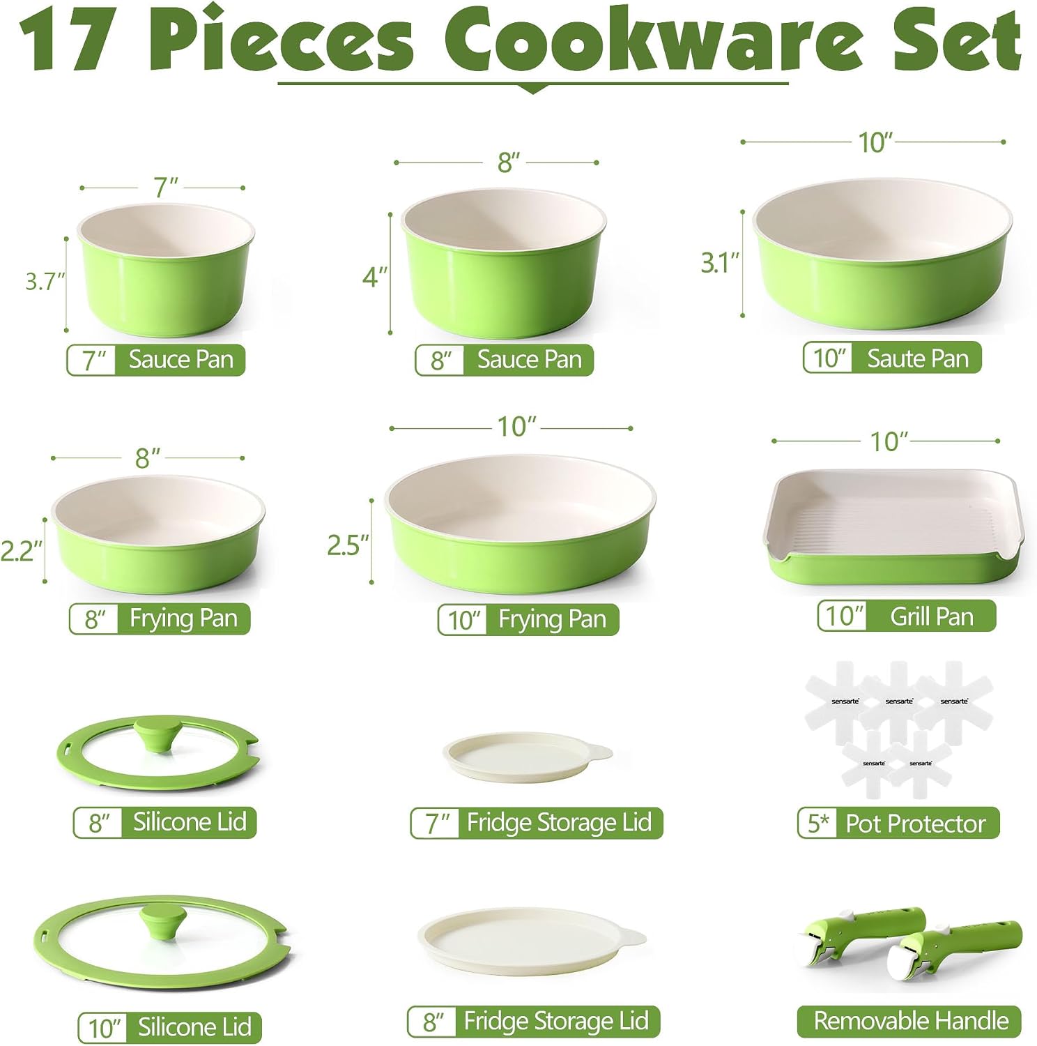 SENSARTE 17 Piece Ceramic Pots and Pans Set, Nonstick Detachable Handle Cookware, Induction Kitchen Cookware Set with Removable Handle, Dishwasher ＆ Oven Safe (Green)