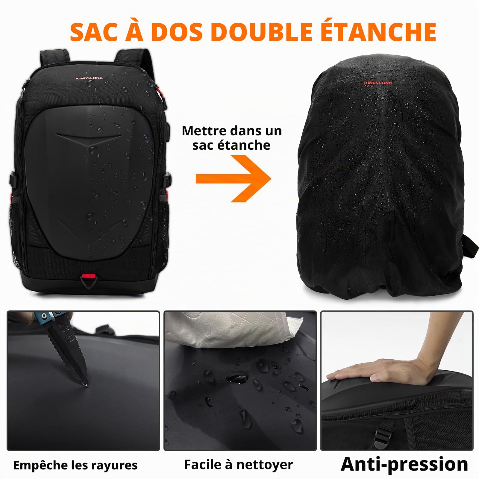 KINGLONG Sac à Dos de Moto de Jeu à Coque dure, Sac à dos Travel | Ordinateur Portable 15-17,3 Pouces avec Port de Charge USB Antivol Imperméable Voyager Hommes Travailler Entreprise Extérieur