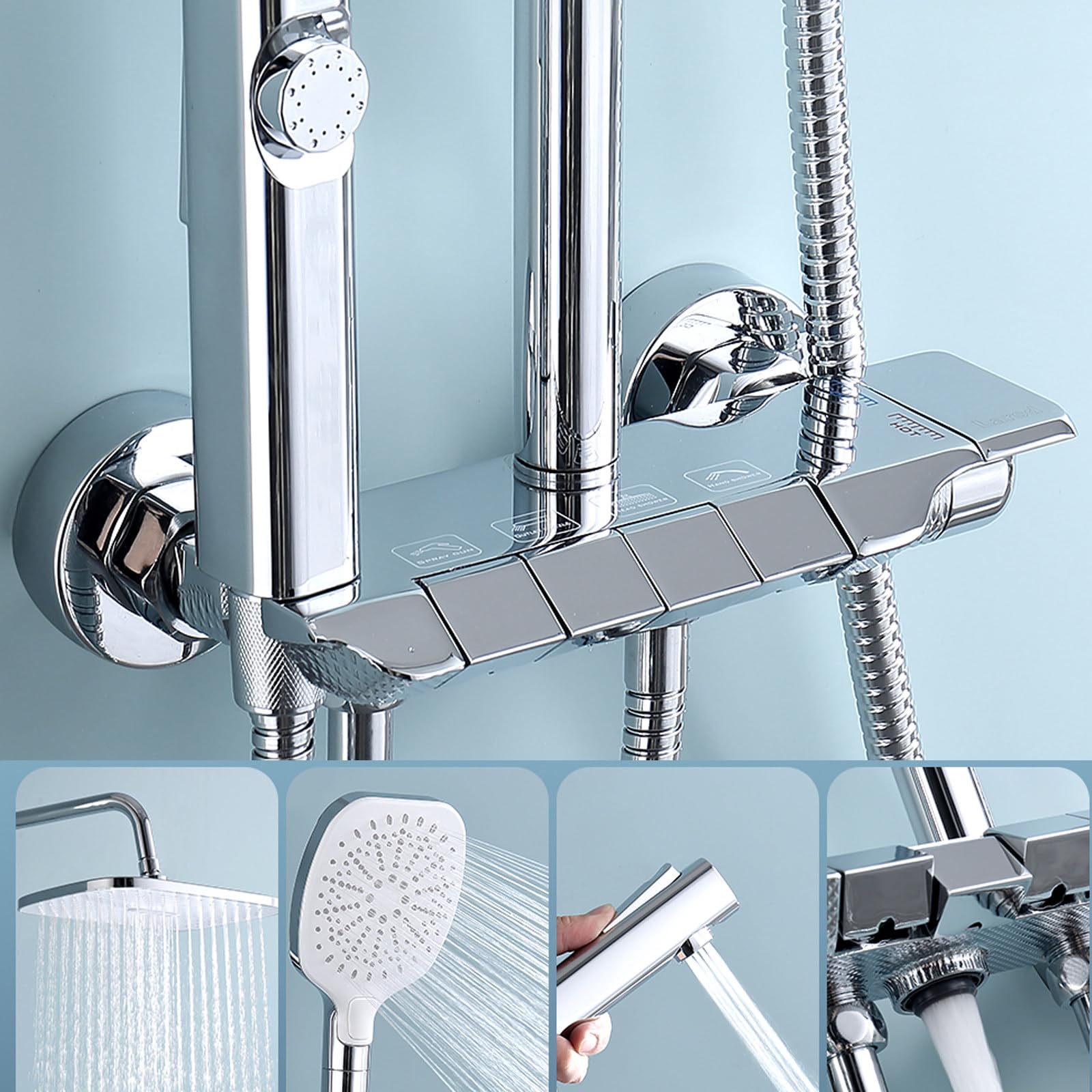 Sistema Doccia, Set Rubinetto Grigio, 4 funzioni, Kit di Montaggio a Parete con soffione Portatile a 3 modalità, doccetta per Bidet a Pioggia
