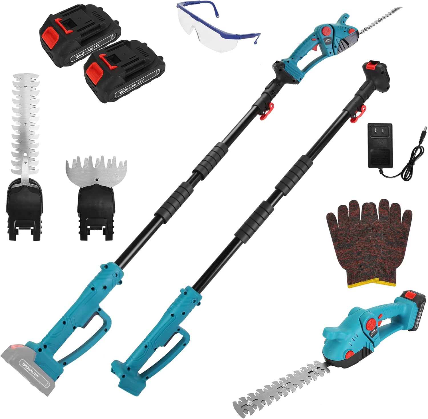 3-in-1 Mini Hedge Trimmer & Grass Shear, Handheld & Pole Electric Cordless Hedge Trimmer with 90° Rotatable Head, Includes 2×21V 1500Ah Batteries