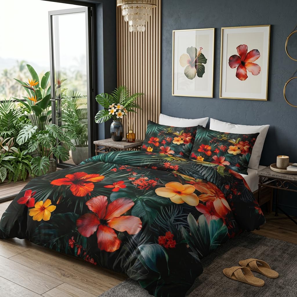 Housse de couette fleur tropicale 240x260 cm avec 2 taies d'oreiller motif palmier hawaii PKA6023