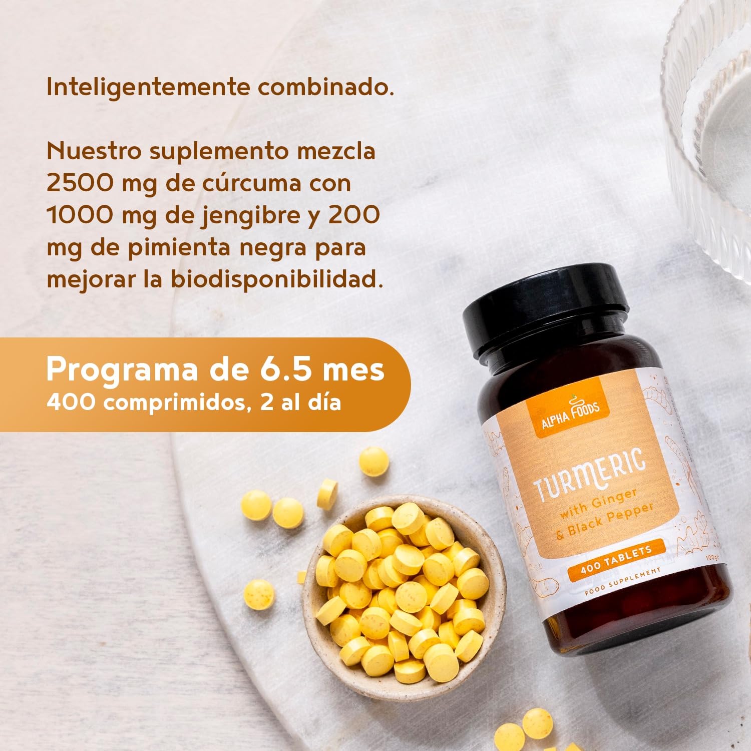 Curcuma con Pimienta Negra y Jengibre 2500mg | 400 Comprimidos | Alta Concentración Curcumina y Piperina | Vegano | Alternativa a las Tumeric Cápsulas y en Polvo | Alpha Foods