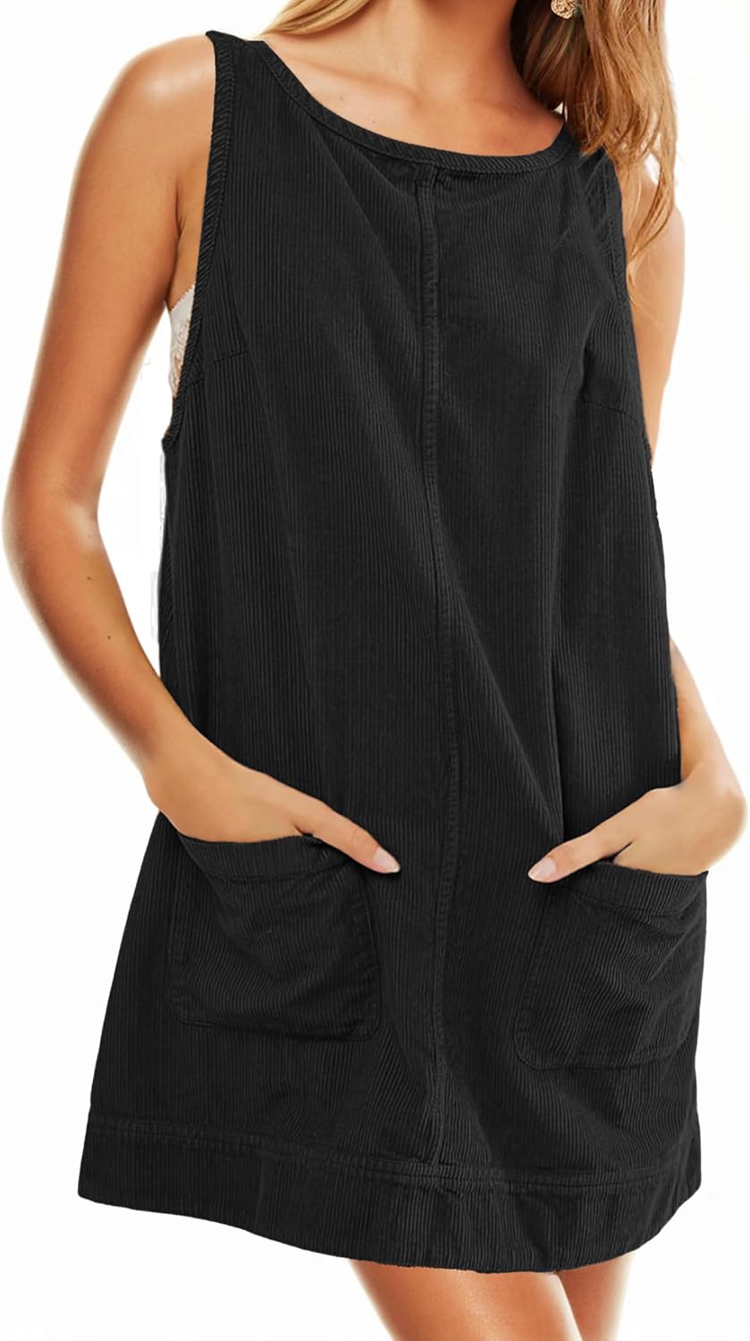 Womens Corduroy Overalls Dress Crewneck Cored Low Open Back Skirtall Jumper Mini Dress Pinafore with Pockets,Black,2X