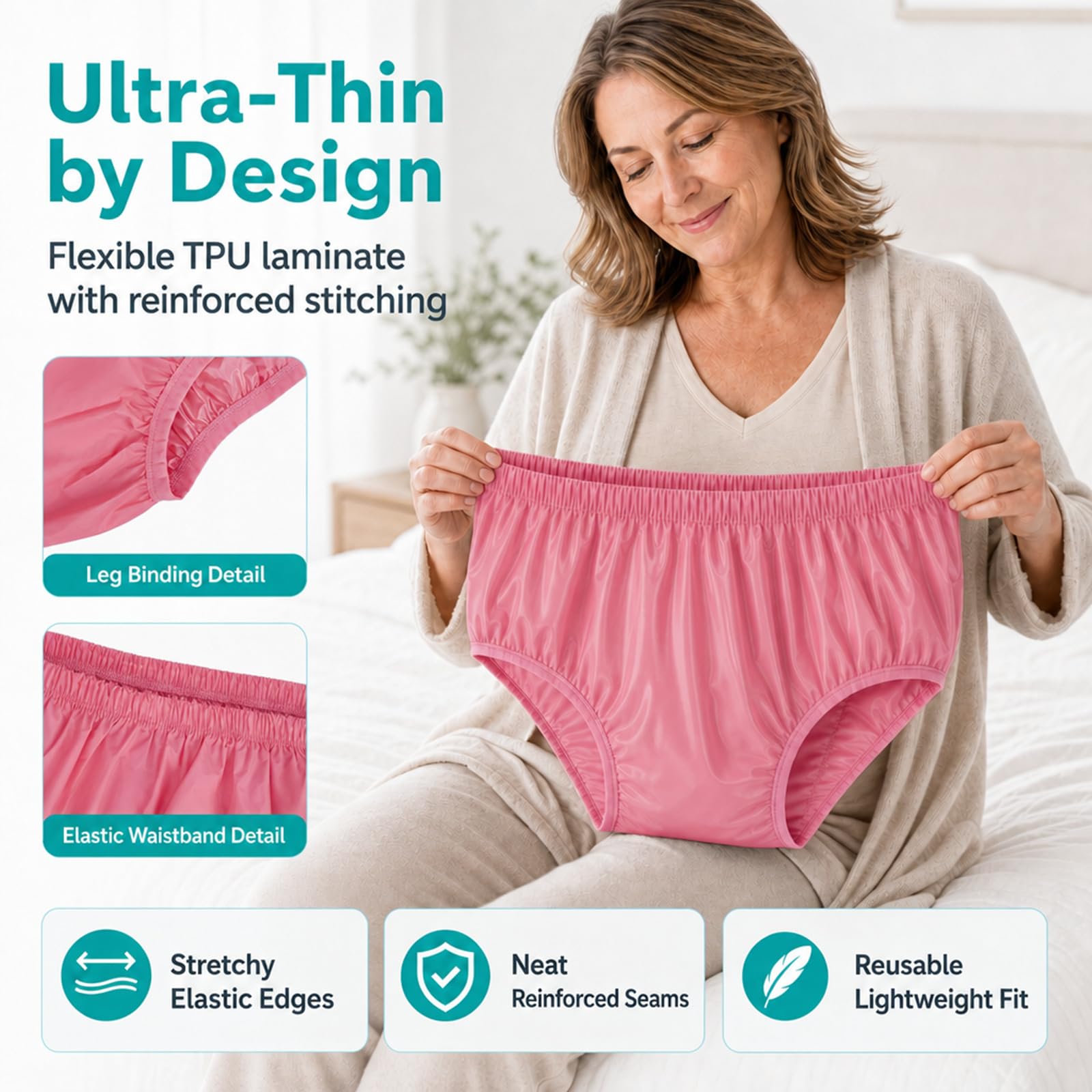 AQX Lot de 2 culottes étanches pour adulte pour incontinence, lavables à faible bruit et réutilisables, en plastique gris, taille M, rose