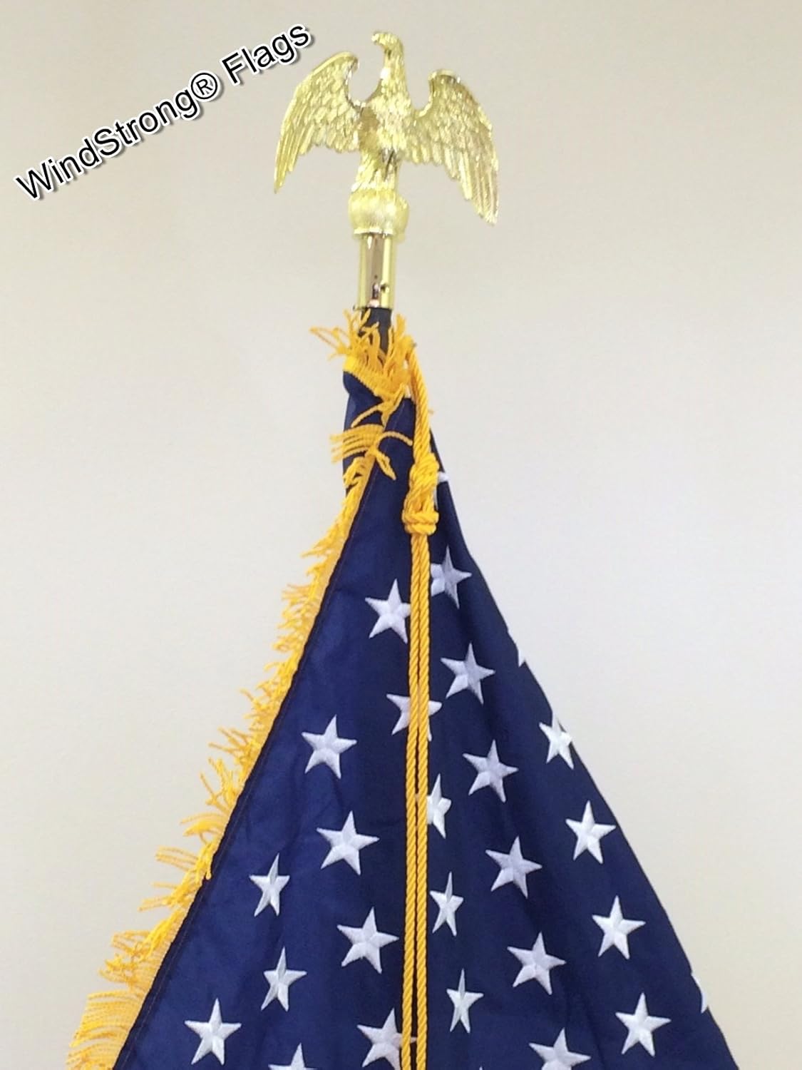 7 FT Combo Deluxe US American and Christian Indoor Flag Pole Set With Gold Fringed Windstrong Flags, Eagle, Cross, Gold Base, Oak Flagpole, Tassels