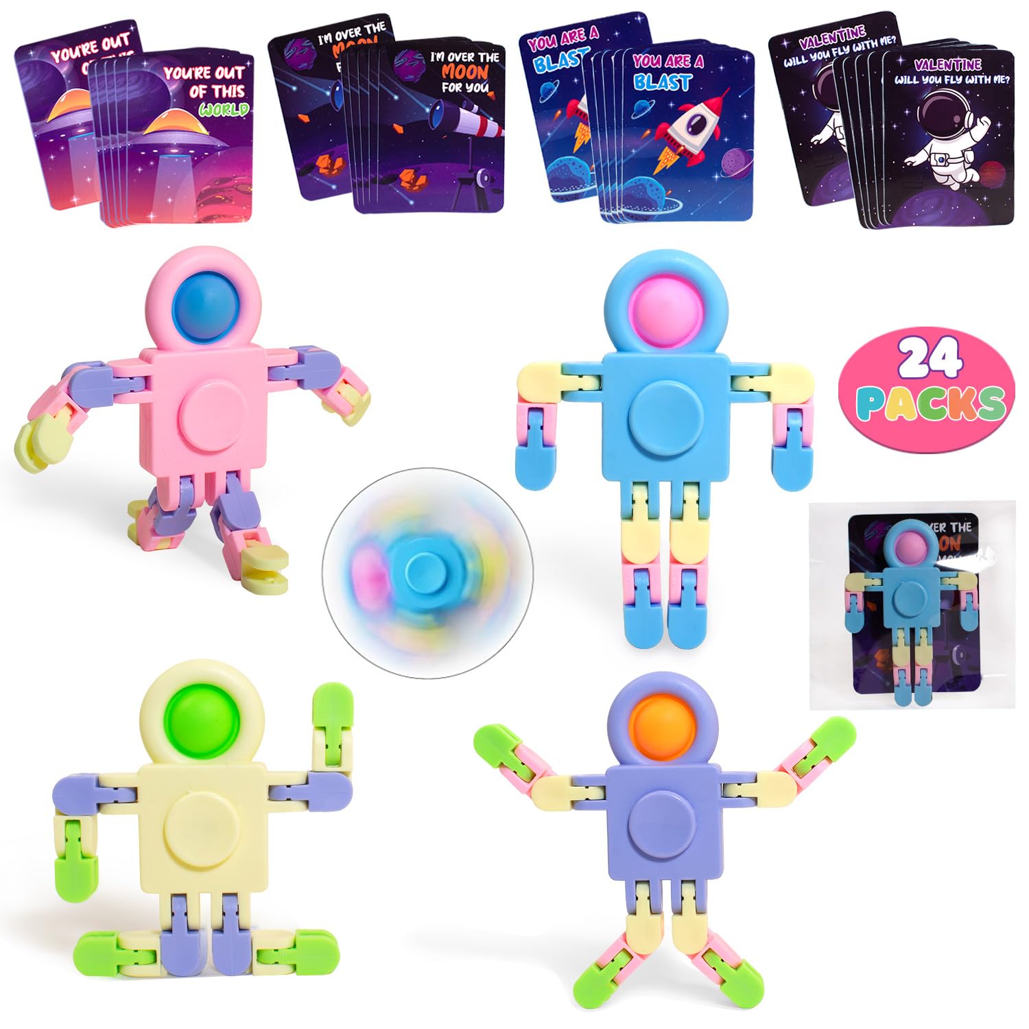 24 Packs Valentines Cards for Kids Classroom with Fidget Sensory Spinners Toy,Valentines Day Gifts for Kids with Valentine Party Favor School Exchange Gifts