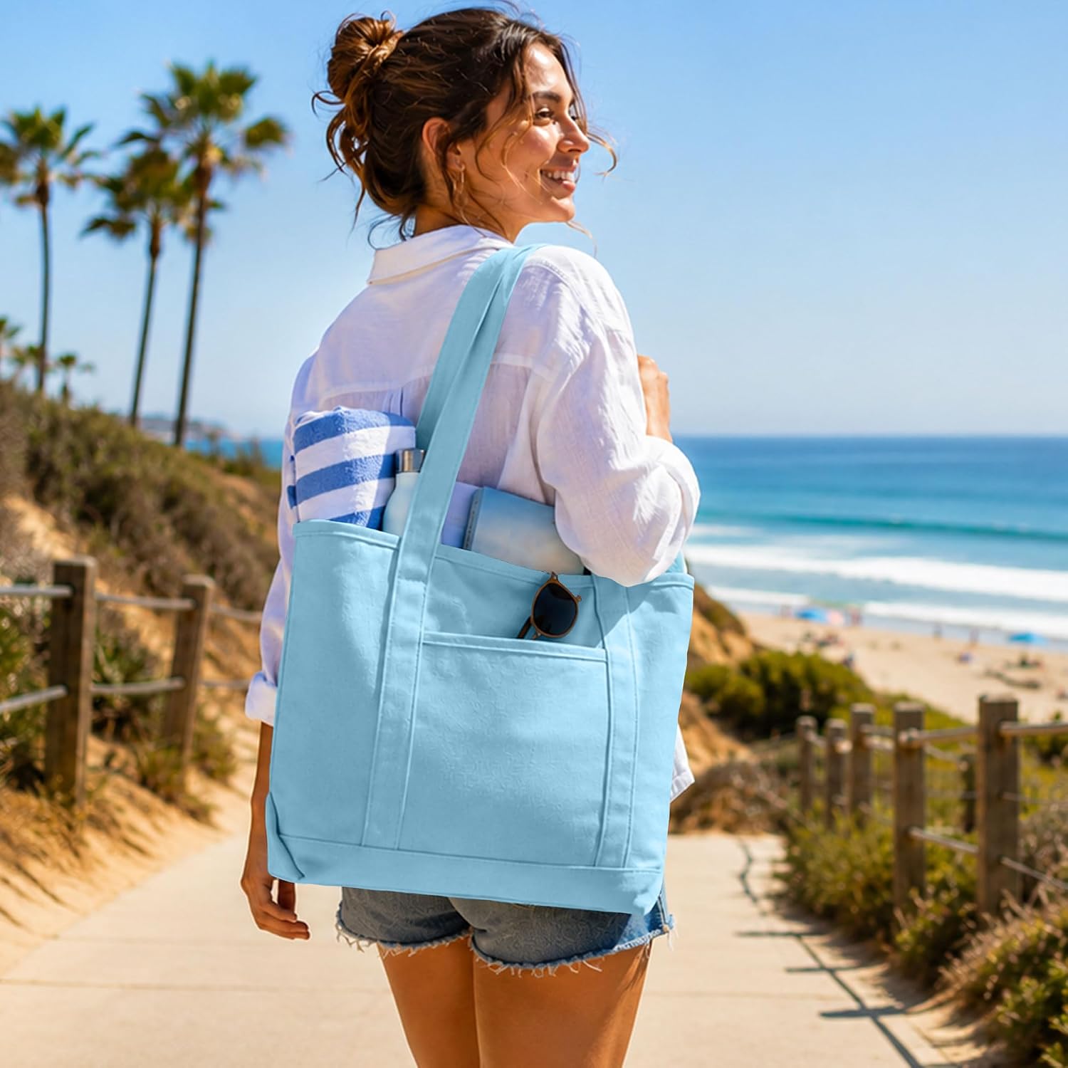 DALIX 20" Solid Color Cotton Canvas Shopping Tote Bag in Light Blue image 2