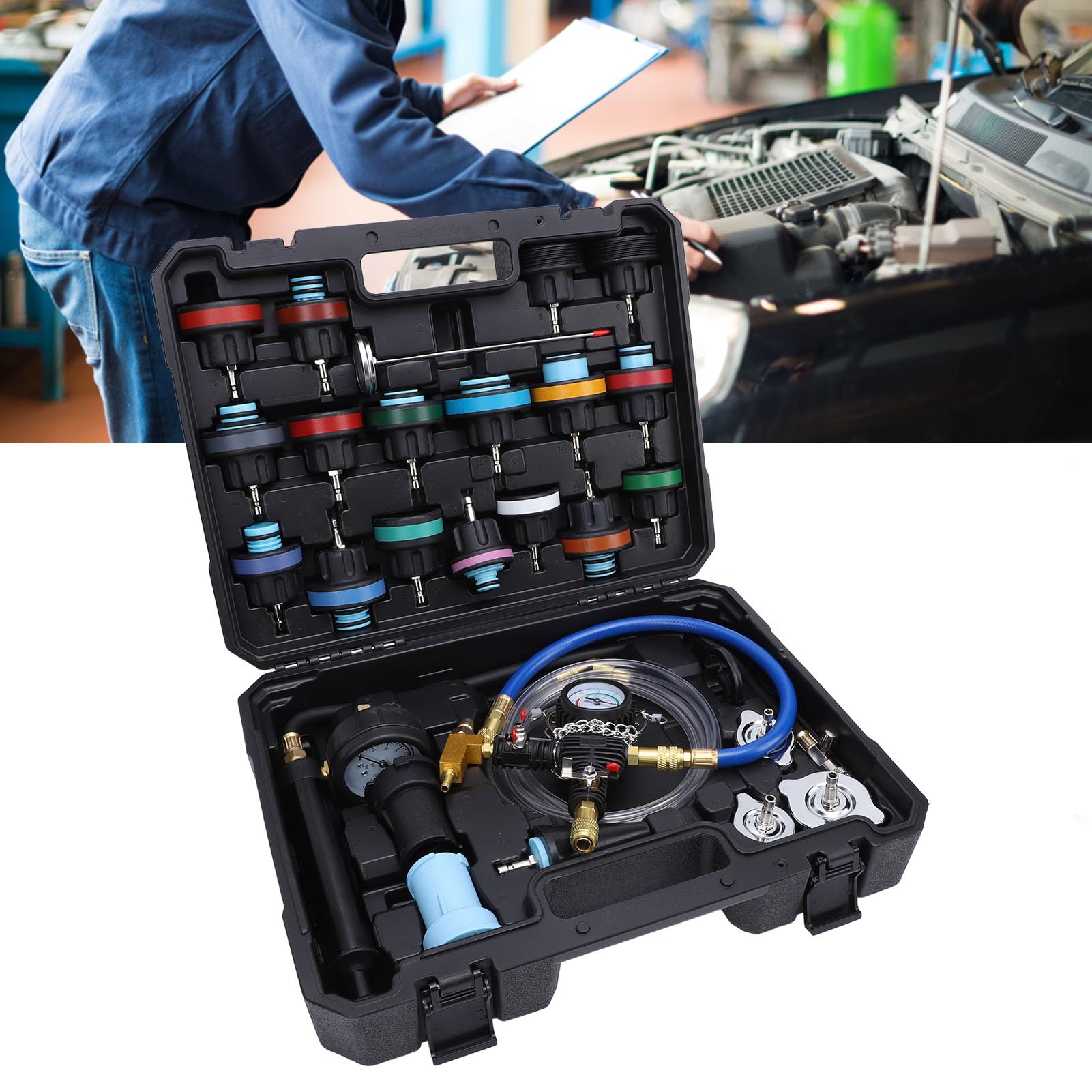 Radiator Koelvloeistof Druk Tester & Vacuüm Navulset, 28PCS Universele Koelsysteem Lek Tester Pneumatische Vacuüm Purge Set, voor Automotive Voertuigen