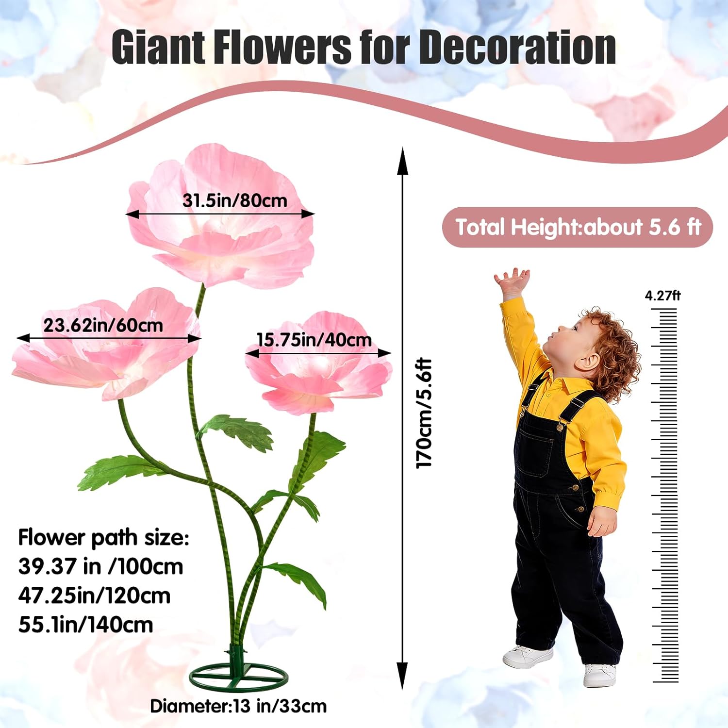 5.6 Ft Large Paper Artificial Flowers – Giant Flowers for Decoration Indoor/Outdoor, Giant Paper Flowers for Garden Wedding, Hotel, Office, Shop Window, Photography Props,Pink