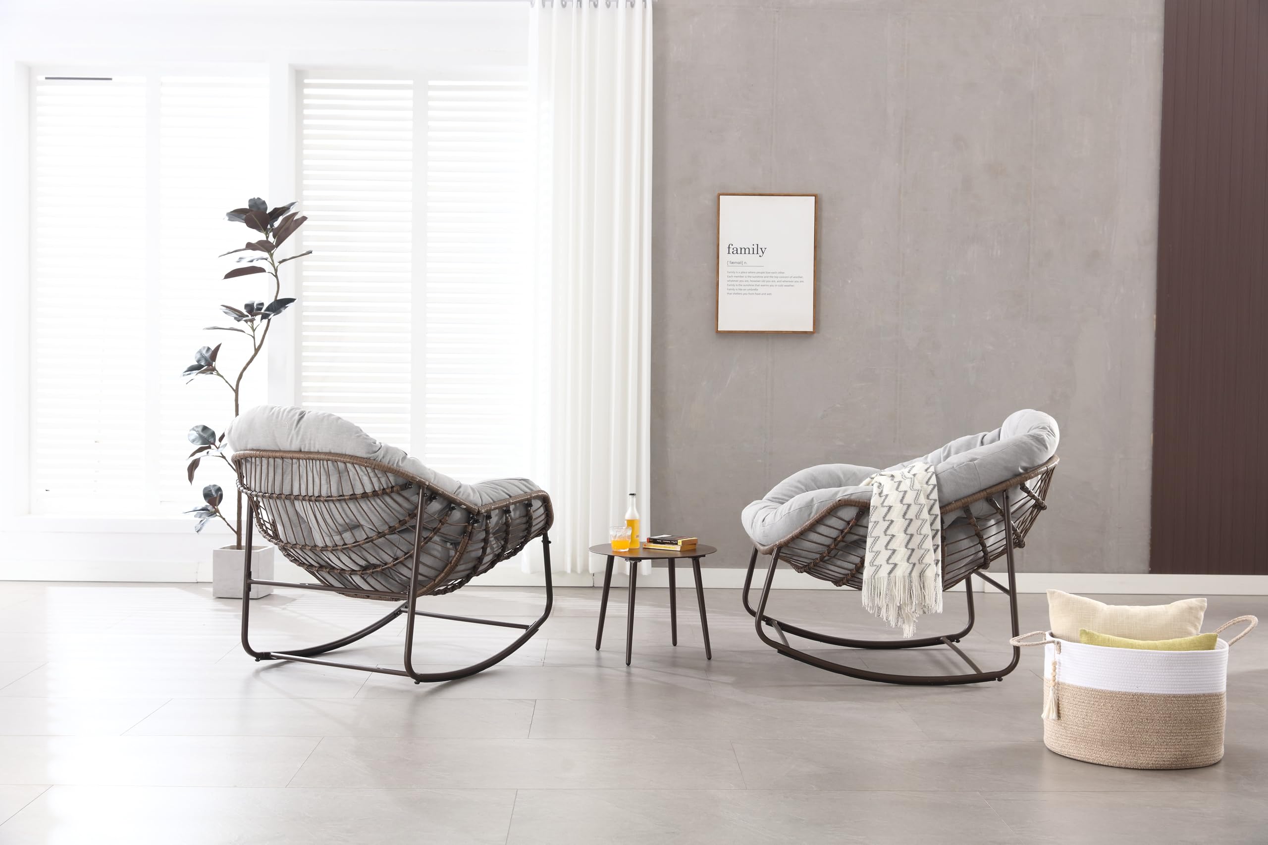 MURUL Mecedora de patio de mimbre de gran tamaño y forma de huevo. Una cómoda mecedora para interior y exterior con cojín grueso. Un sillón moderno adecuado para balcón (gris)