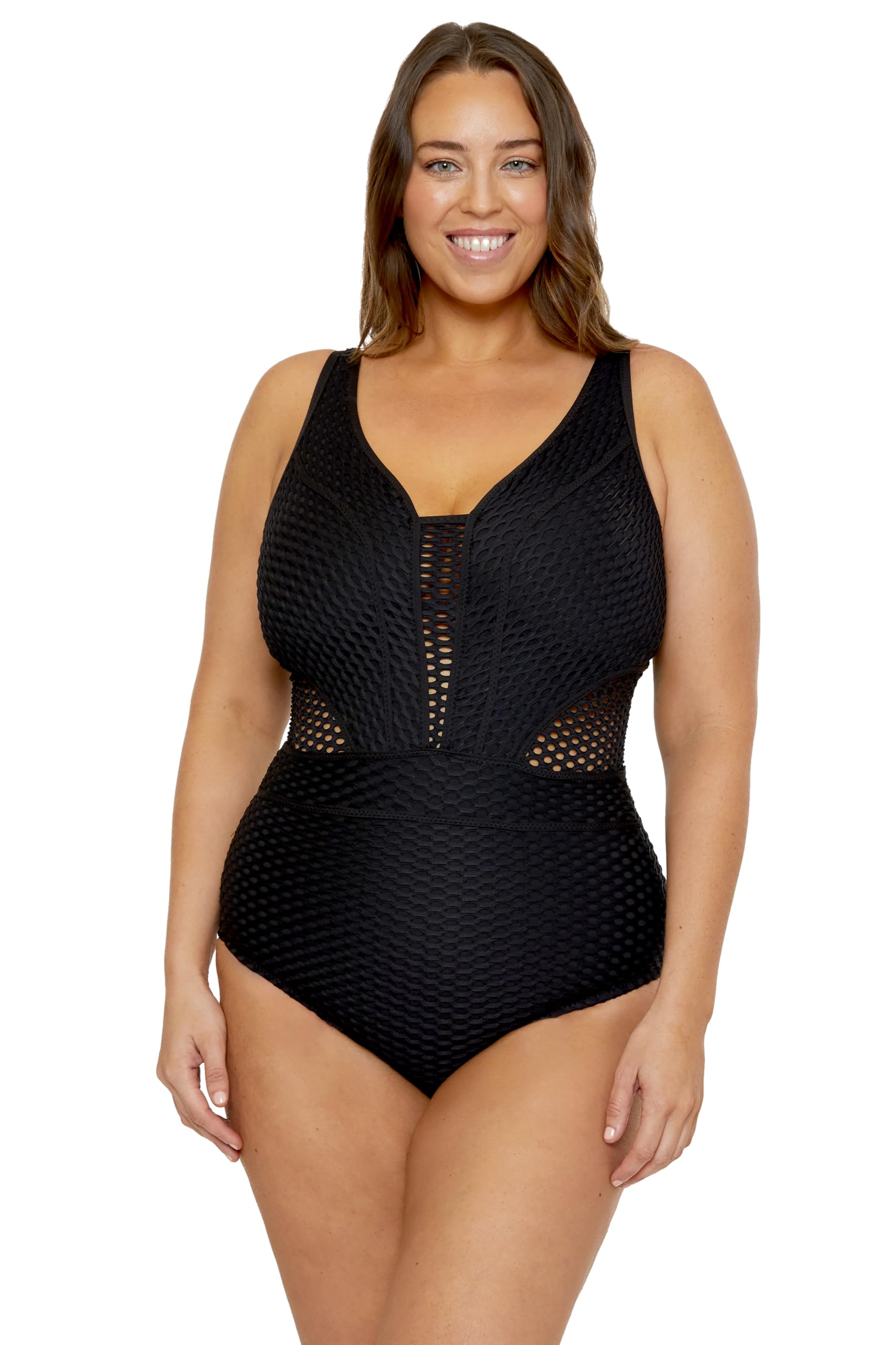 BECCA ETC. Women's Castaway Plus Size Tummy Control One Piece Swimsuit, Plunge Neck, Adjustable, Tie Back, Bathing Suits