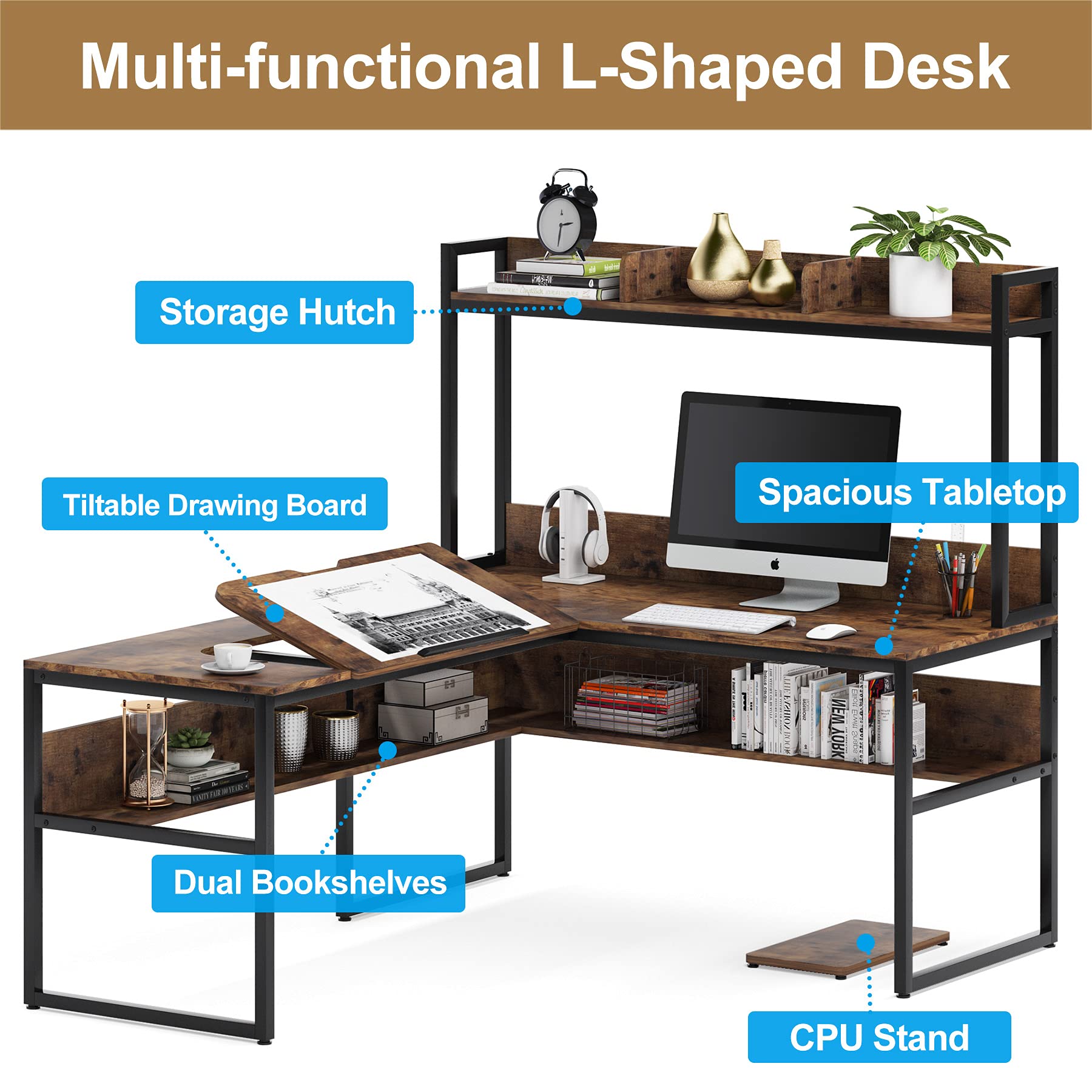 Tribesigns L Shaped Desk with Hutch and Storage Shelves, 65 inch L