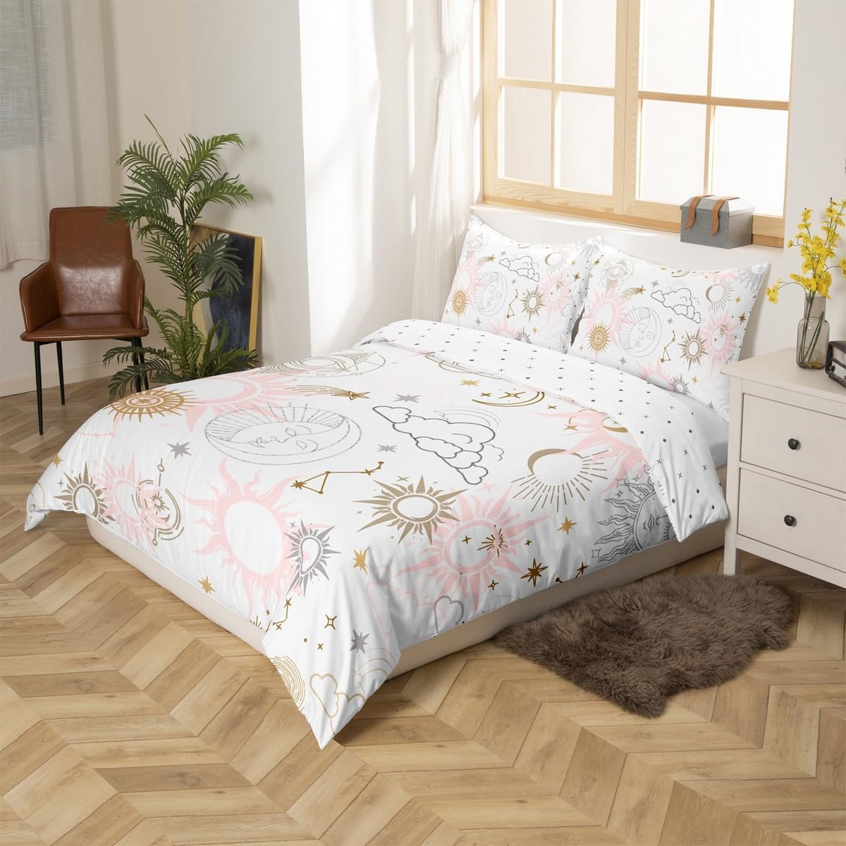 Sun Moon Duvet Cover Set Full Size,Starry Cloud Bedding Set 3pcs for Kids Teens Girls Women Bedroom Decor Fantasy Galaxy Universe Comforter Cover Soft White Golden Pink Quilt Cover,2 Pillowcases