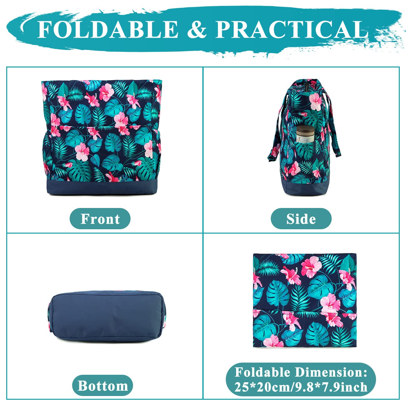 VASCHY Bolso Playa Mujer Grande XXL Familiar con Cremallera Plegable 17,3L