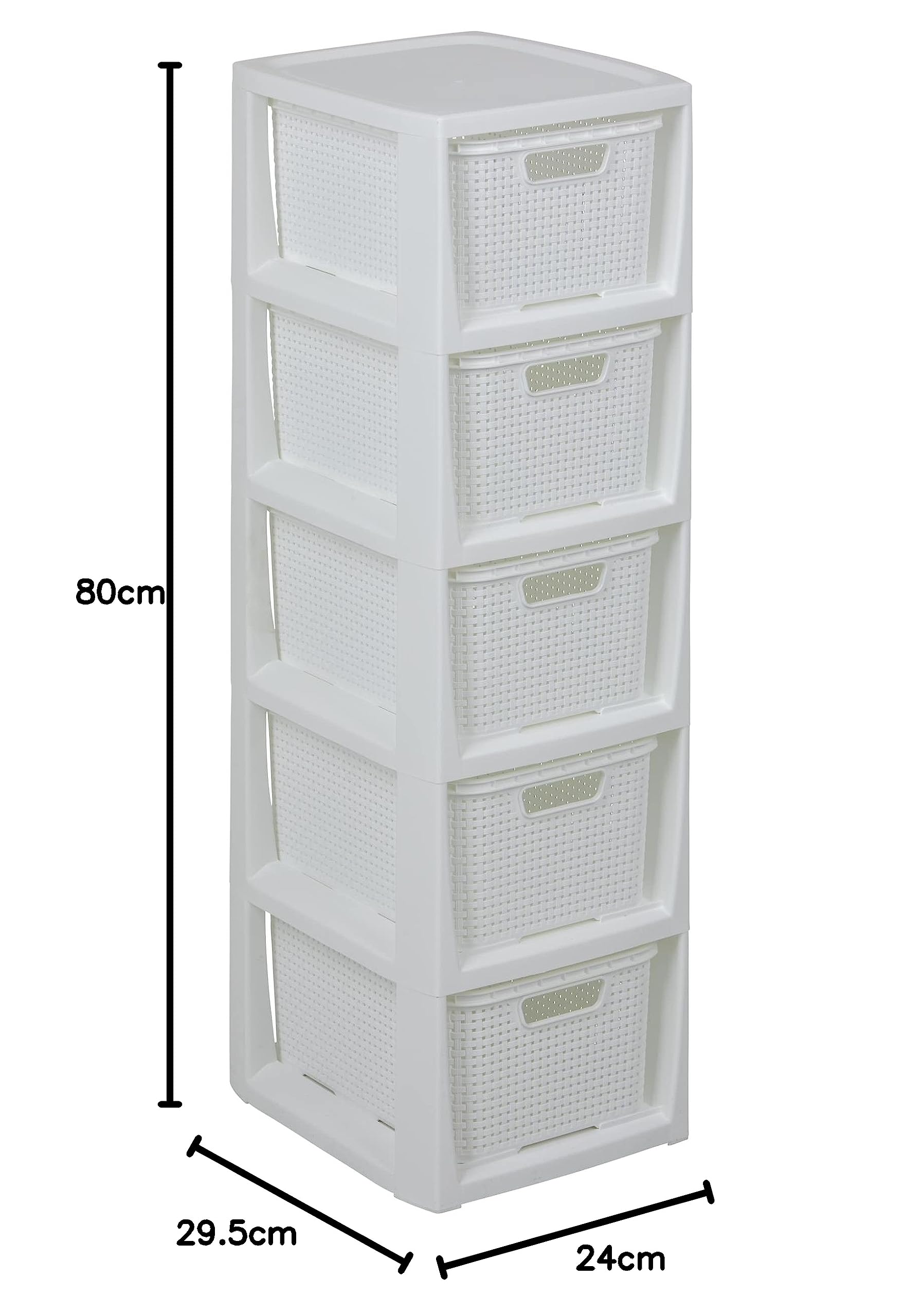 BranQ - Home essential Regal in Rattan Design, BPA-freie Kunststoff PP, Weiß, 29,5 x 24 x 80 cm, 5 Körben