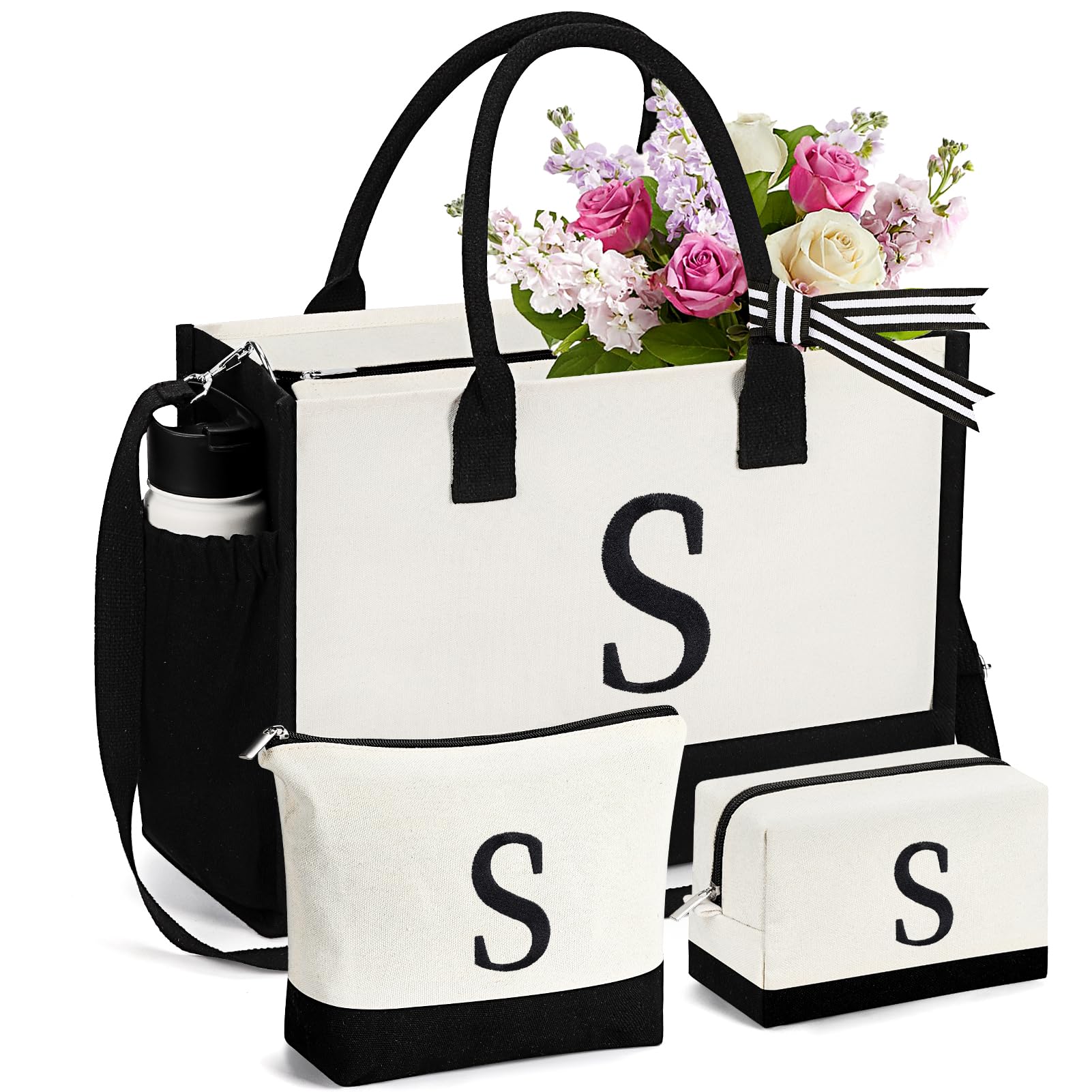 mibasies 1 Embroidered Initial Canvas Tote Bag with 2 Makeup Bags Set, Birthday Gifts for Women