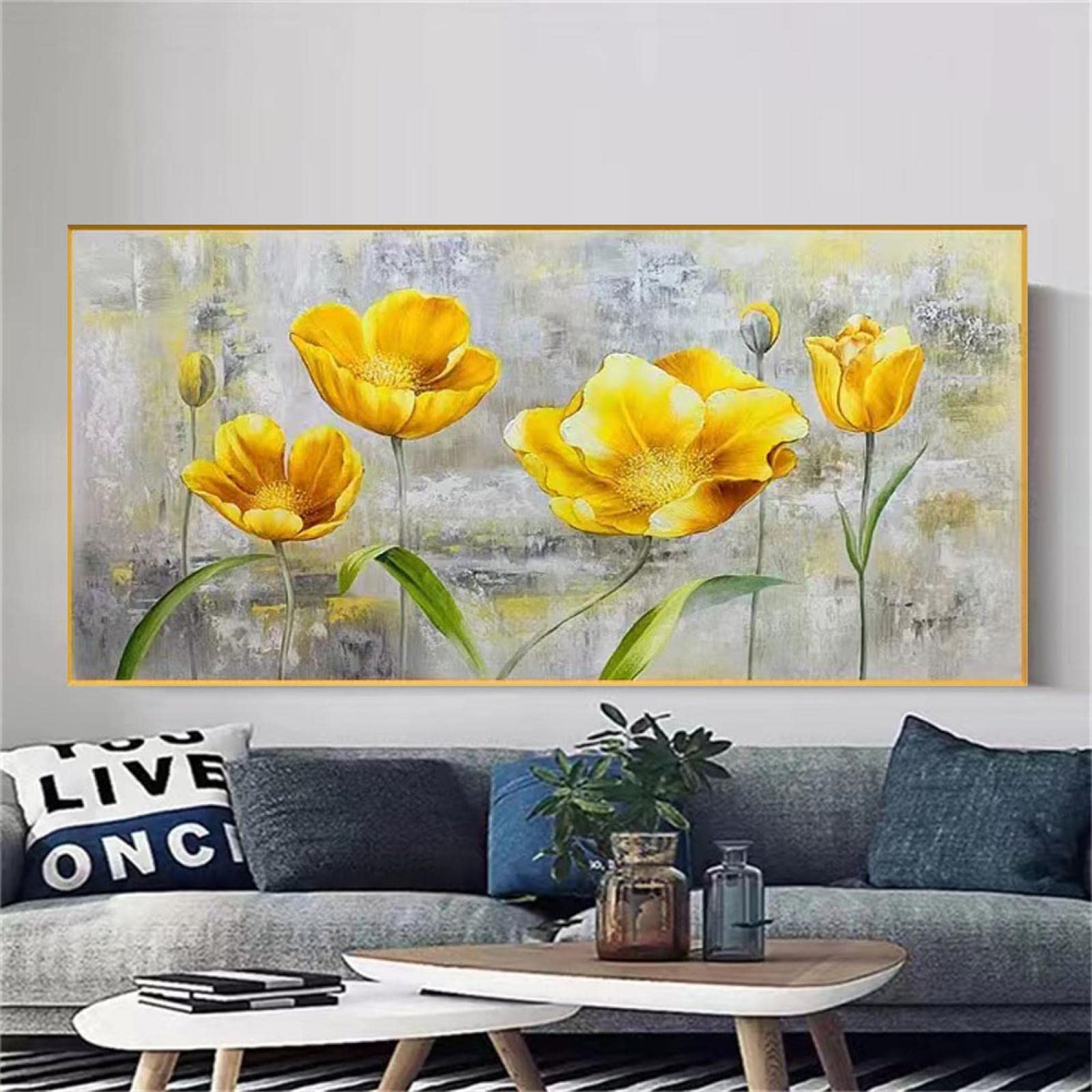 Impresiones enmarcadas de moda Decoración abstracta del hogar para la sala de estar - Pinturas al óleo de flores sobre lienzo Imagen de arte de pared grande 20x40cm (8x16in) con marco