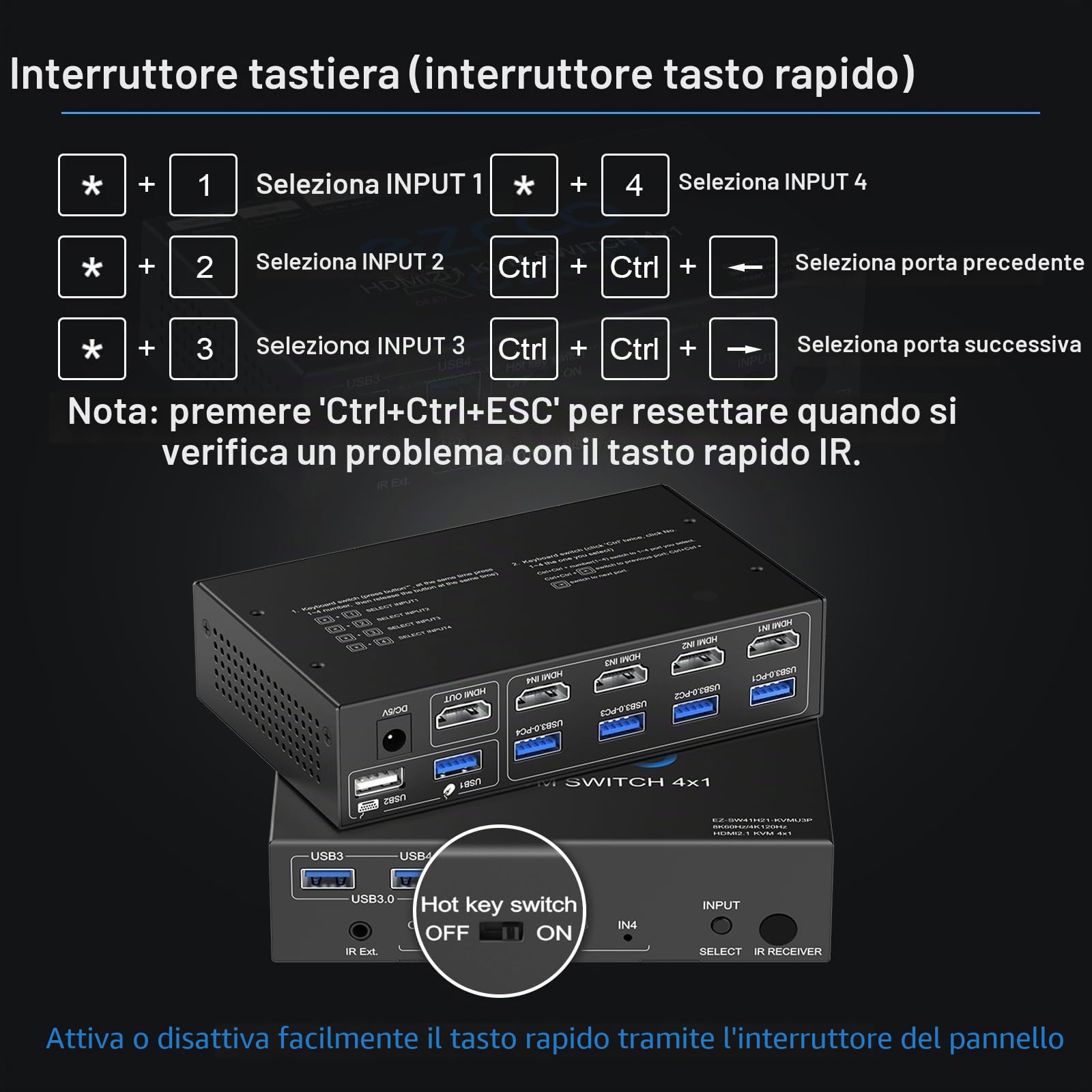 Switch KVM HDMI 2.1 USB 3.0 a 4 porte 8K@60Hz 4K@120Hz VRR G/Sync 48Gbps per condividere 4 computer con una tastiera e un mouse HDR D-olby Vision HDCP2.2 e telecomando IR.Include 2 cavi USB3.0.